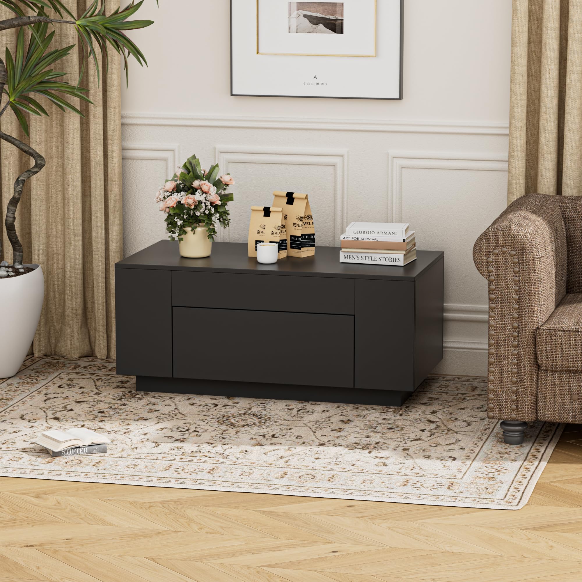 BonVache Couchtisch, Beistelltisch Couch, Wohnzimmertisch Holz mit Stauraum, Coffee Table, Kaffeetisch mit Versteckter Schubladen, Coffee Table, Sofatisch Tisch für Wohnzimmer, 90*50*42cm, Schwarz