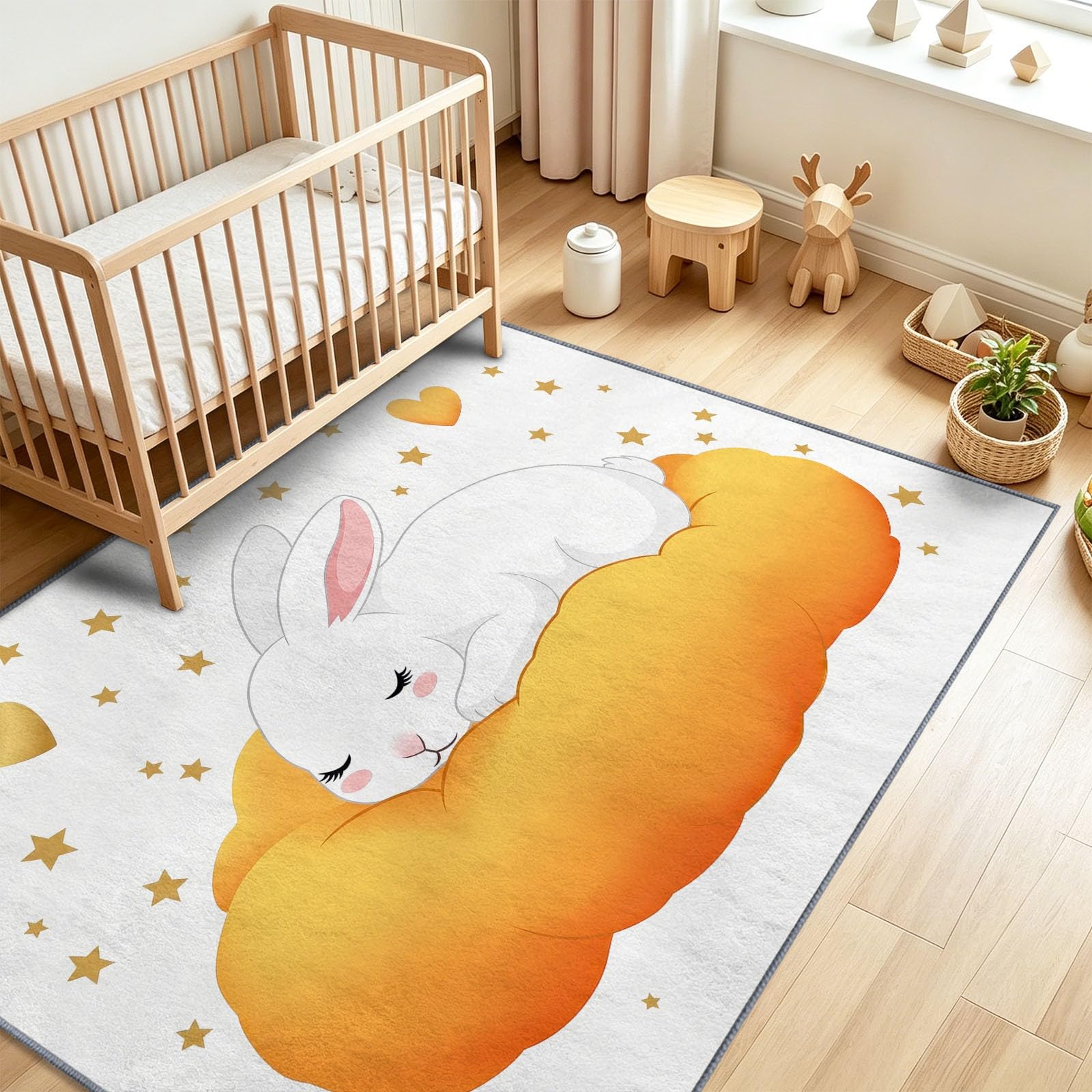 Tappeto con coniglio, nuvola e stelle, 80 x 150 cm, lavabile, per soggiorno, a pelo basso, antiscivolo, morbido, per interni, camera da letto, dormitorio, stanza dei giochi