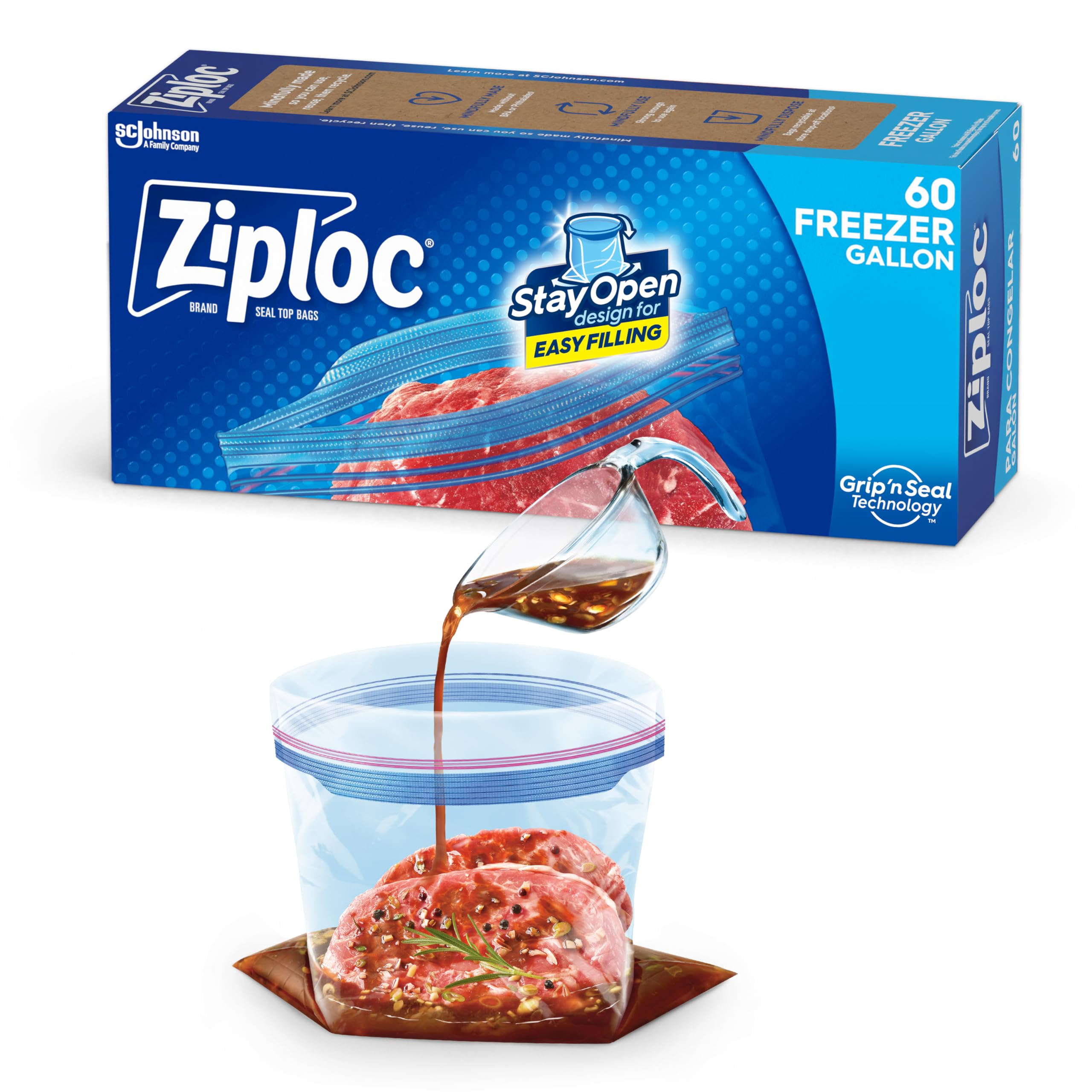 ZiplocFreezer Bags with New Grip 'n Seal Technology, Easy Open Tabs, Gallon, 60 Count