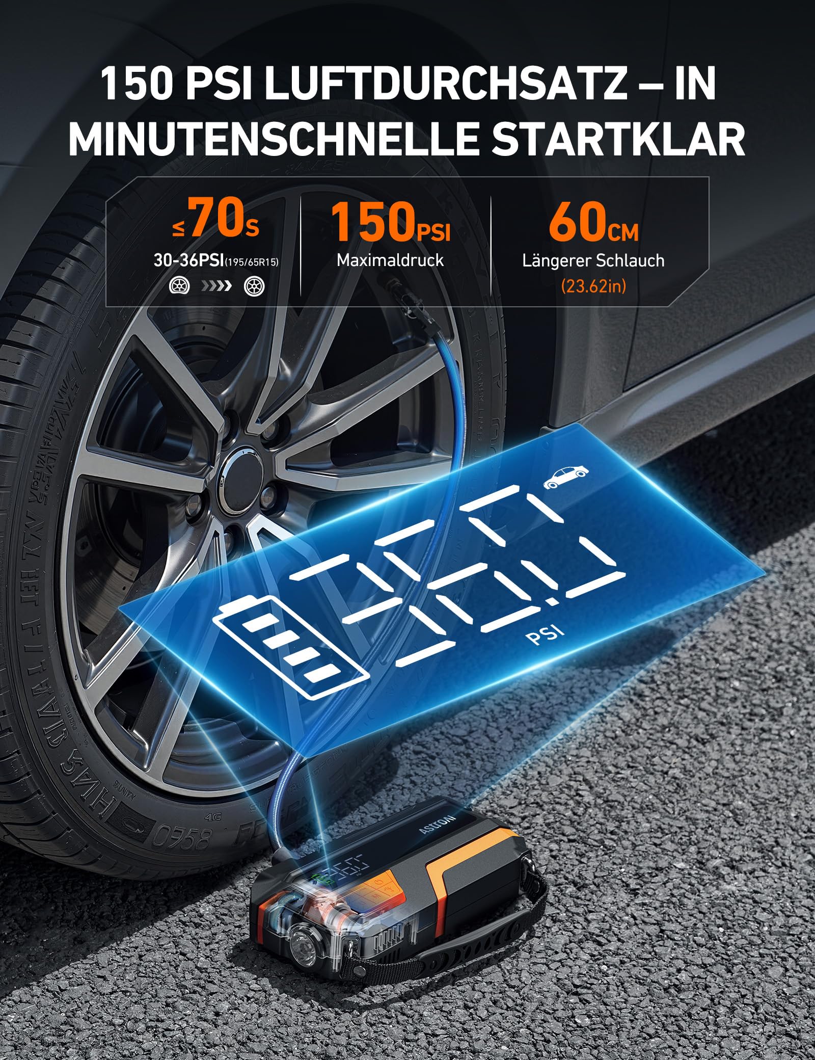 AstroAI Auto Starthilfe Powerbank für pkw mit 150PSI Kompressor, 8000A Starter Powerbank für 10 L Benzin / 8 L Diesel,für 12 V Autos, Motorräder, SUVs, Booster Auto Starthilfe mit LED-Display, Orange