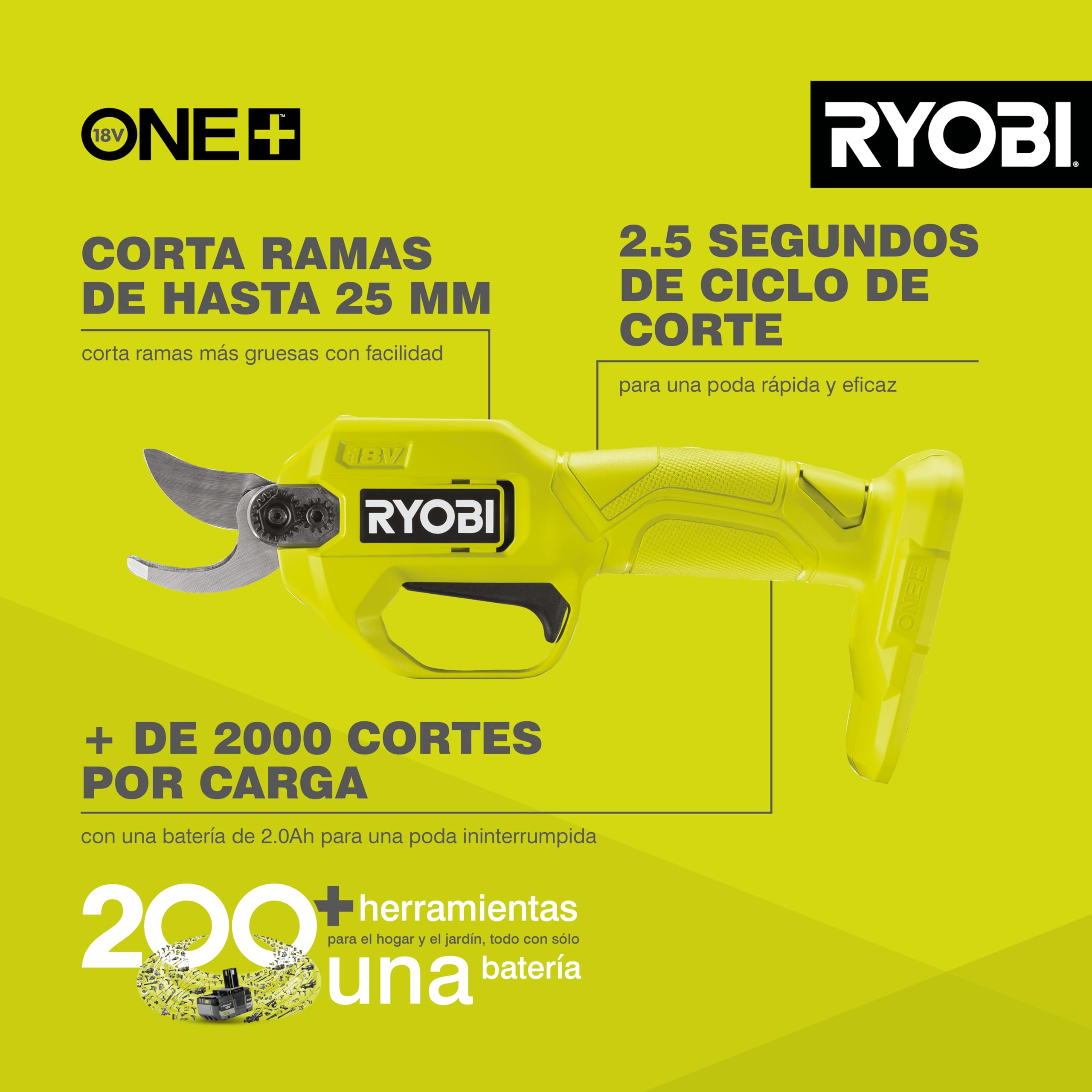 RYOBI - Podadora Inalámbrica 18V One+ 20cm, Peso 0,74kg - Capacidad de Corte 20/25 mm - Corta Tallos, Ramas y Arbustos sin Esfuerzo - hasta 1500 Cortes con Batería 1,5 Ah (No Incluida) - RY18SCA-0