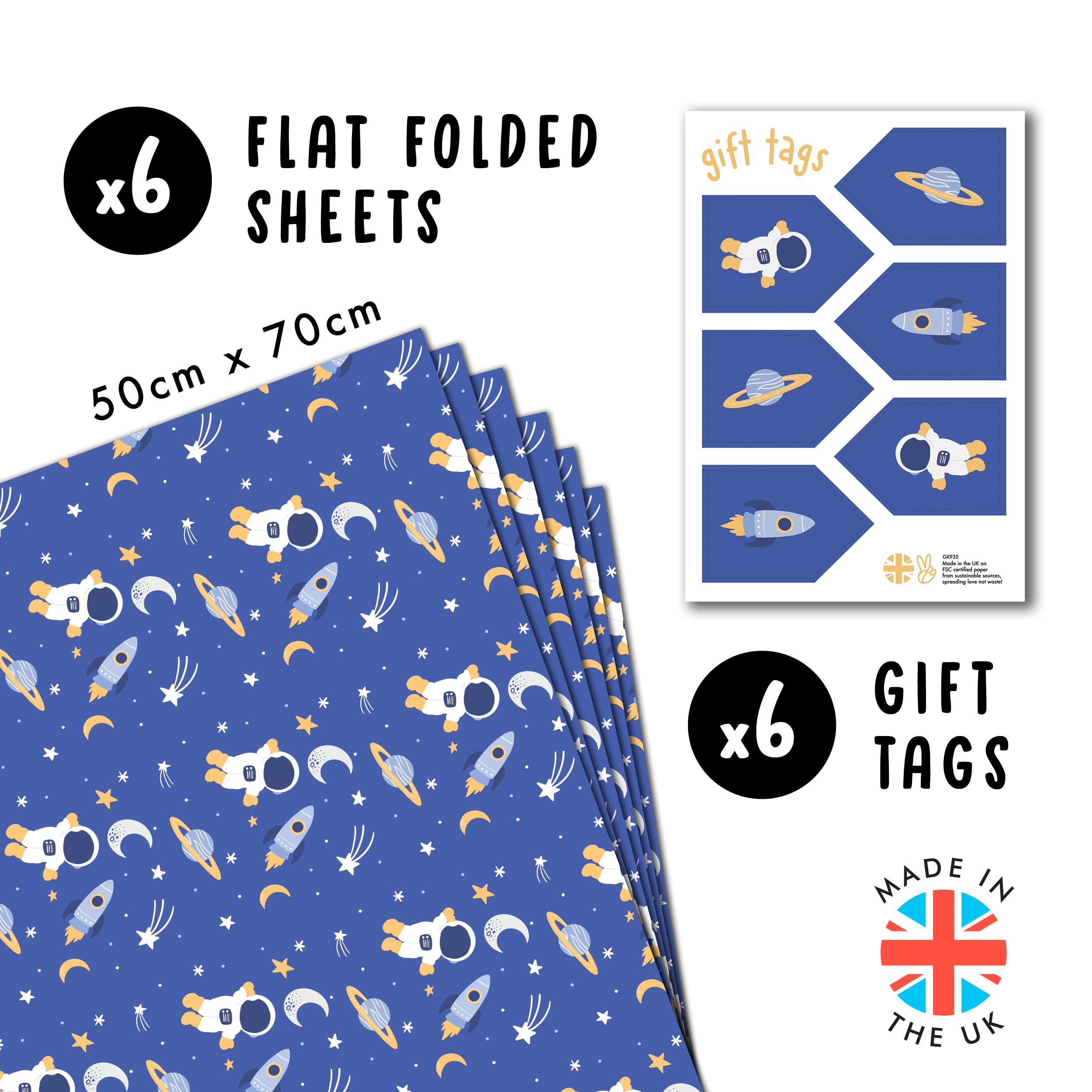 Carta Da Regalo Razzi E Spazio Per Ragazzi - 6 Fogli Riciclabili Con Etichette Compleanno - Foto 2