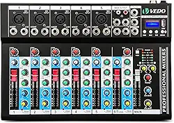 VDA107L Mixer de Áudio Profissional 7 Canais,Bluetooth 5.0, USB Phantom Power 48V Placa Som Digital com 6 Modos Efeito, Ideal para Shows ao Vivo Casamentos Podcasts Transmissões e Gravação em Estúdio