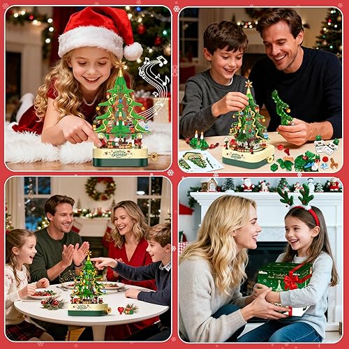 Miniatura 6 de Shemira Juego de 594 piezas de bloques de construcción de árbol de Navidad, caja de música giratoria para árbol de Navidad, juegos de construcción