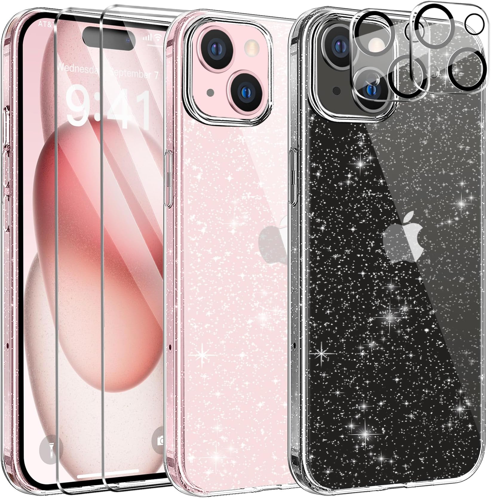 AROYI 5 in 1 Clear Glitter Case Compatible with iPhone 15 Case with 2 Tempered Glass Screen Protector and 2 Camera Lens Protector, Soft Bumper Sparkle Bling Women Girls Phone Case for iPhone 15 6.1"