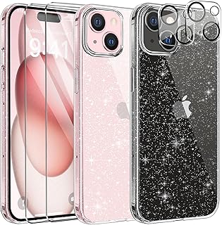 AROYI 5 in 1 Clear Glitter Case Compatible with iPhone 15 Case with 2 Tempered Glass Screen Protector and 2 Camera Lens Protector, Soft Bumper Sparkle Bling Women Girls Phone Case for iPhone 15 6.1"