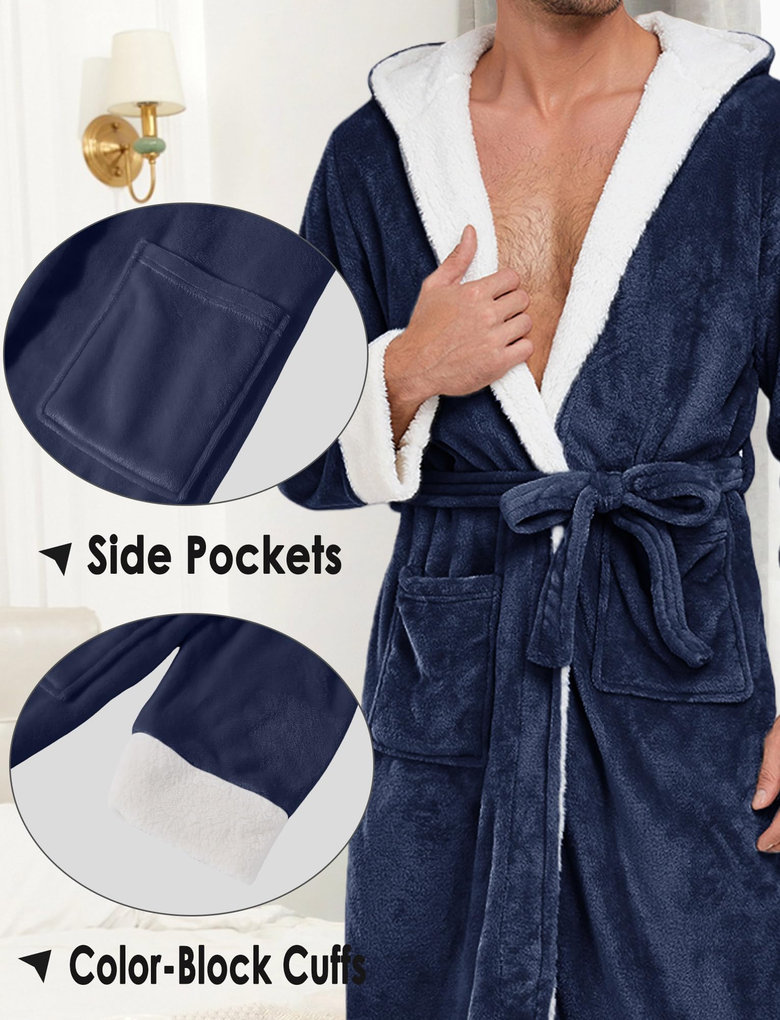 Peignoir de Bain avec Capuche Homme Robe de Nuit Longue Flanelle Épais Chaud Casual Maison Bathrobe
