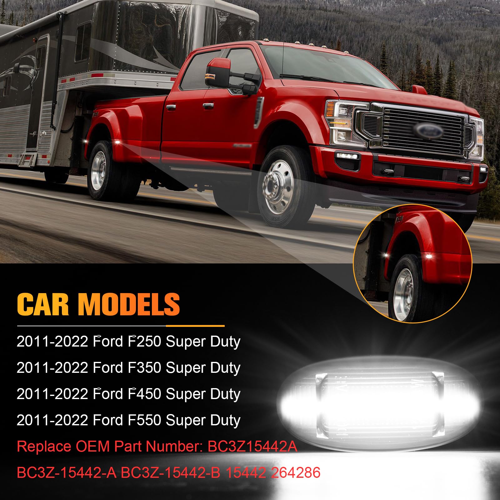 POPMOTORZ White LED Fender Side Marker Light 4Pcs Rear Bed side marker Lamp Compatible for Ford F250 F350 F450 F550 Super Duty2011-2022 Front/Rear Double Wheel LED Side Marker Lamp Smoked Lens