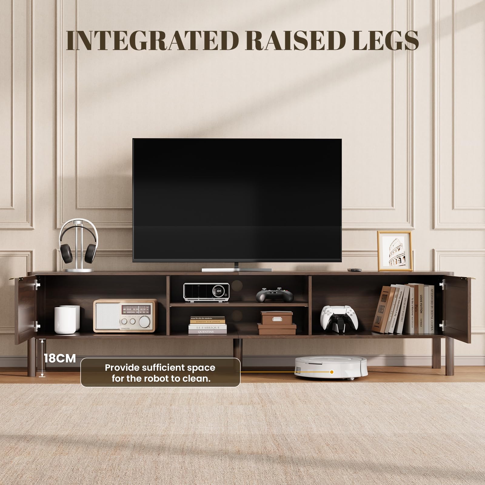 IKALIFE Mueble TV Salon Madera 180cm para Televisor 80 Pulgadas Marrón | Mueble TV con 2 Puertas y Almacenamiento, Mesa TV con Gestión de Cables, Mueble television Moderno para Salon y Dormitorio