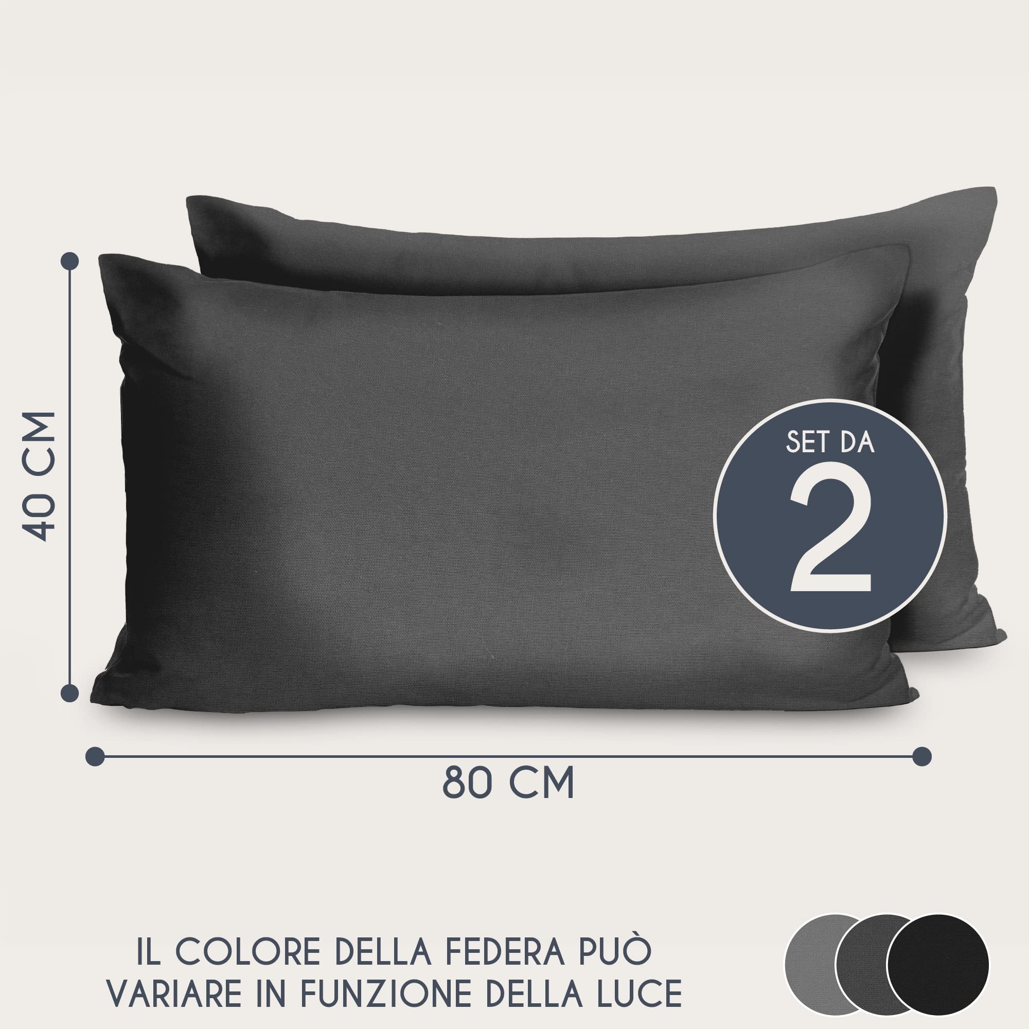 Dreamzie Federe 40x80 Cotone Rinforzato (Set da 2) - Antracite - Trama Fitta a 57 Fili/cm² - Federe Cuscini 40x80 cm - Federe Cuscino 40x80 Certificate Oeko Tex