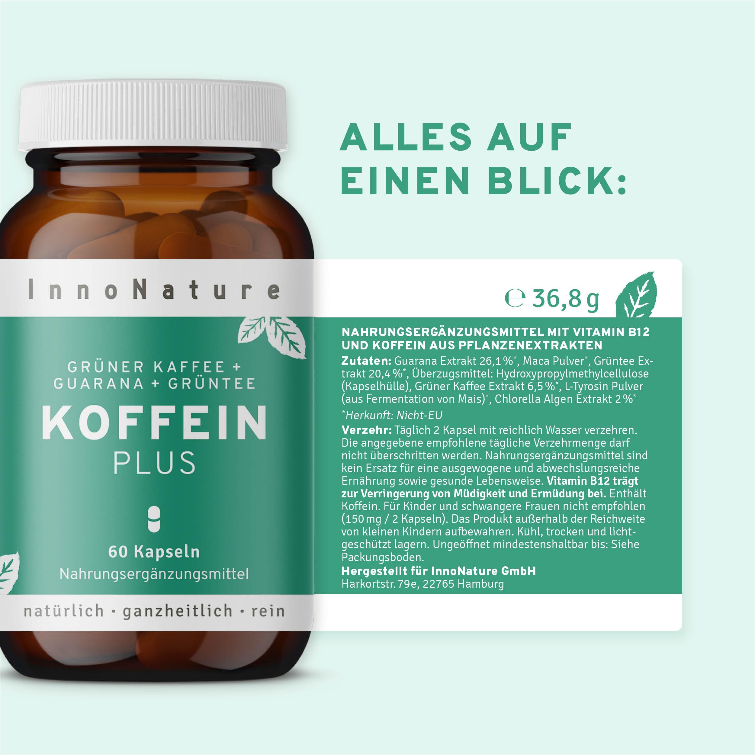 InnoNature Koffein Plus Kapseln | natürlich aus Grünem Kaffee + Guarana + Grüntee | 60 Kapseln, 150 mg Koffein, 50 µg Vitamin B12, vegan
