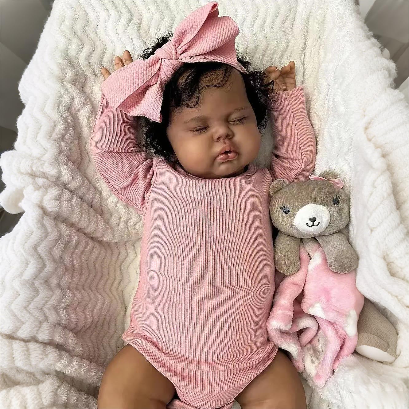 iCradle Eyes Closed Lifelike Reborn Baby Dolls 19 inch 48 cm Black Soft Silicone Vinyl Cloth Body & Curls Hair Realistic-Newborn Dolls African American Real Life Baby Feeding for Kids