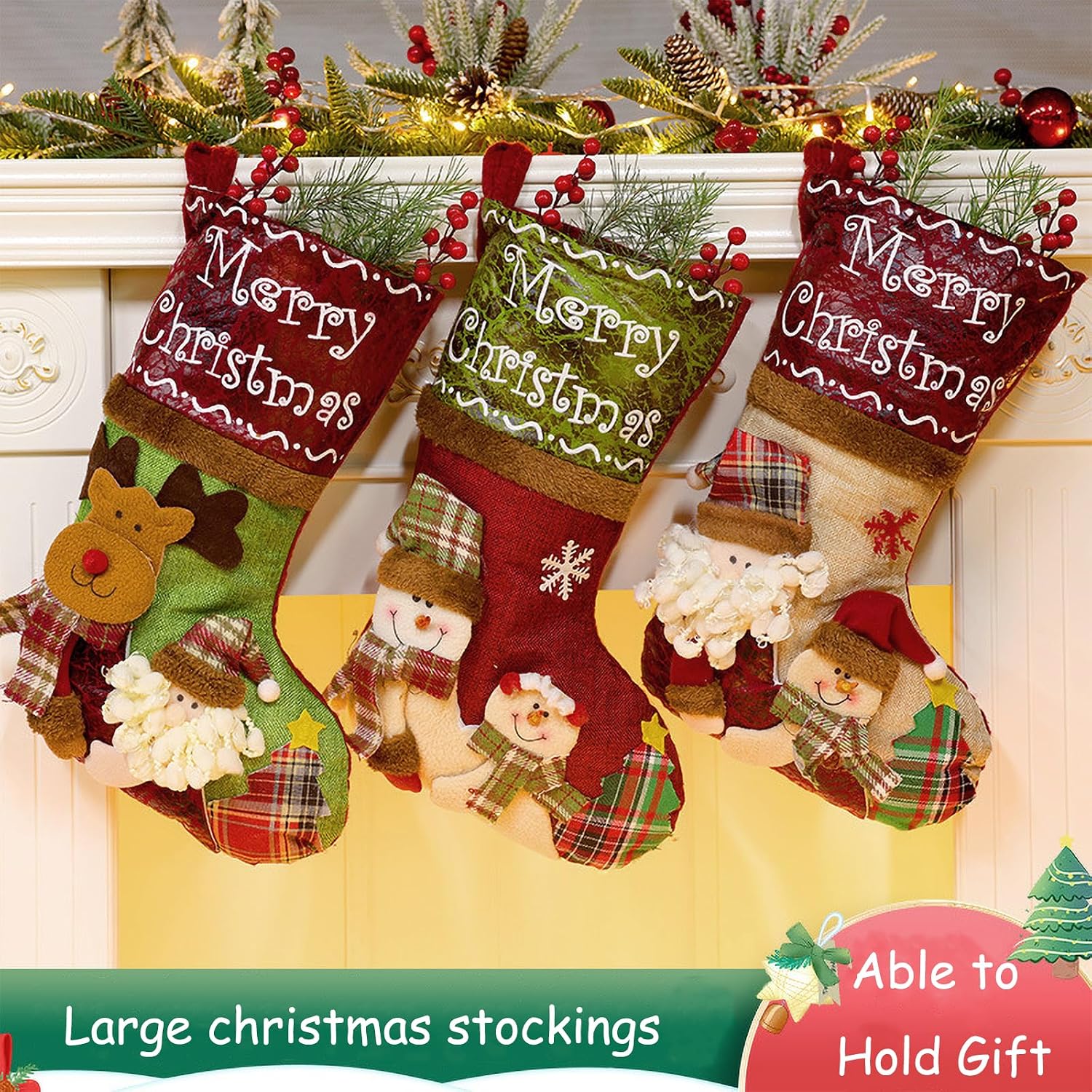 JIDIWINQI'E Set of 3 Personalized Christmas Stockings with Name Tags 18" Classic Large Stocking Cute Santa, Snowman, Reindeer,Xmas Character for Family Holiday Christmas Party Decorations