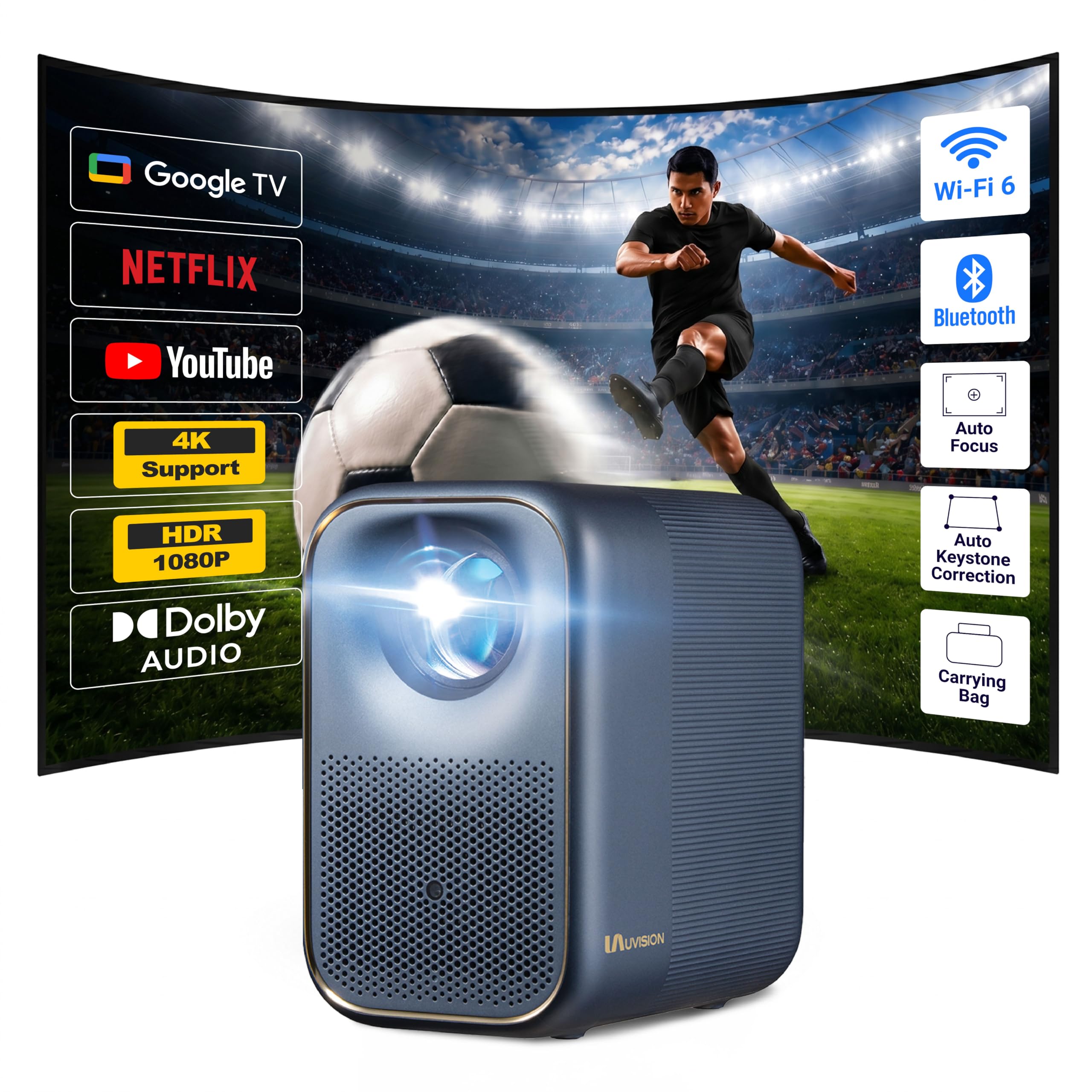 vidéoprojecteur Intelligent AllPlay avec Google TV, Full HD 1080p, WiFi et Bluetooth, Mise au Point Automatique, Correction trapézoïdale, Audio Dolby, Portable avec étui