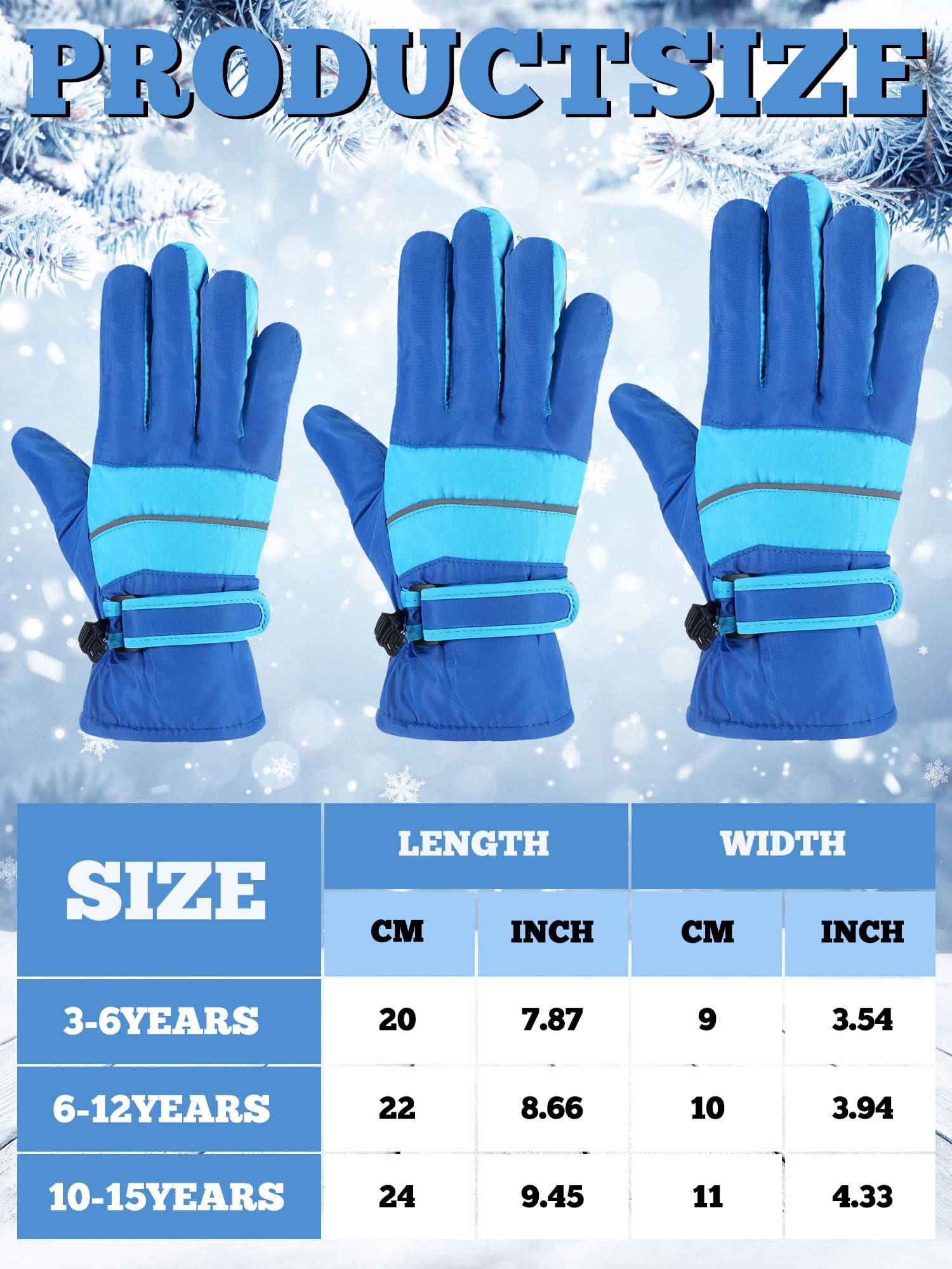 Geyoga 3 Paia Guanti da Sci Impermeabili Manopole Invernali Isolati da Snowboard da Bambini (Rosso, Nero, Blu, 8-12 anni)
