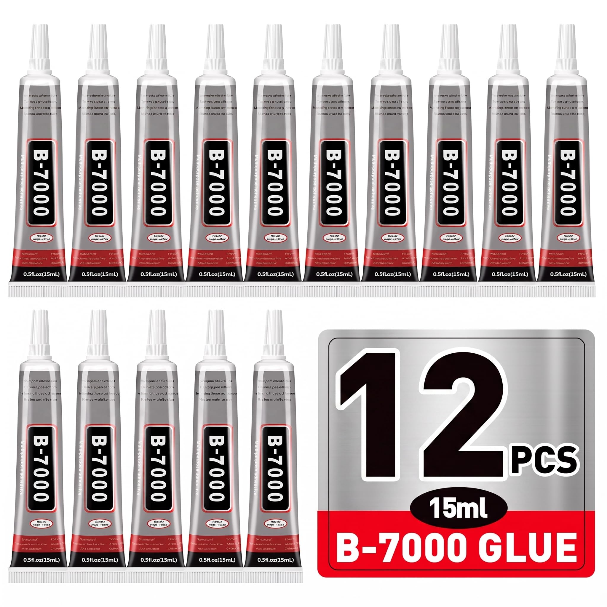 12PCS 15ml B7000 Glue Clear with Precision Tips, Strong Adhesive for Rhinestones, Jewelry Making, Nail Art DIY, Shoe Repair, Fabric, Glass, Metal, Waterproof & High Elastic Craft Glue （Total 180ml）