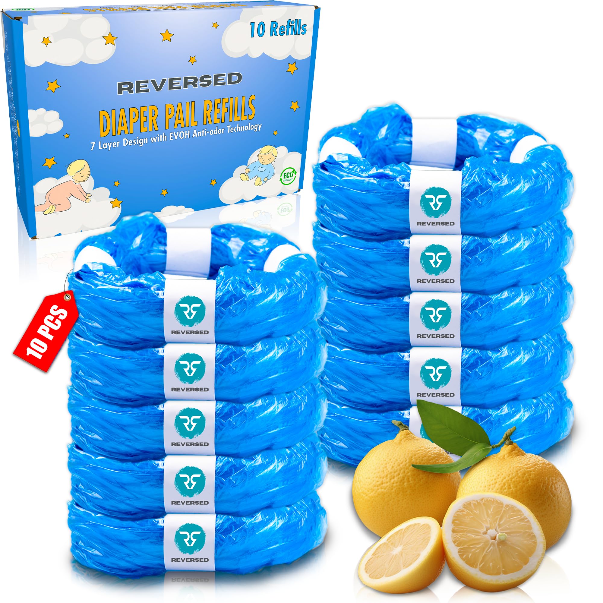 REVERSED 10 Stück Nachfüllfolie für Windeleimer - Kompatibel mit Tommee Tippee Twist & Click, Sangenic & Angelcare - 7-Schicht EVOH & HDPE Folie mit Zitronenduft - Reißfest & Geruchsdicht