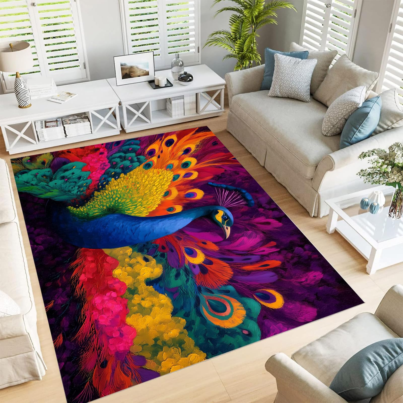 Tapis antidérapant paon abstrait grand format pour salon