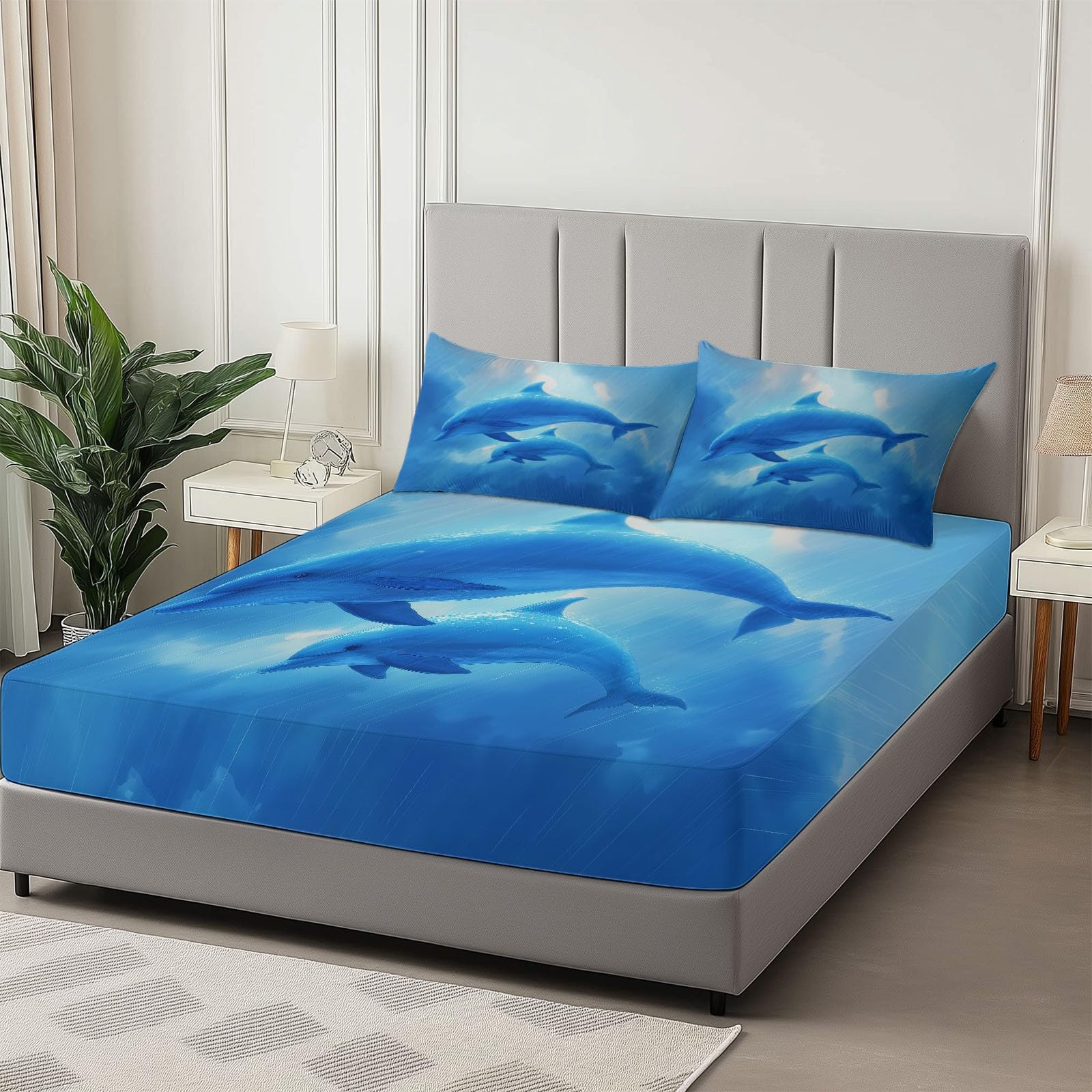 Prześcieradło z gumką 180 x 200 cm, styl anime delfiny i niemowlęta, prześcieradło z gumką 180 x 200 cm, duża czapka 30 cm, komplet pościeli z mikrofibry, zestaw pościeli dla dzieci z 2 poszewkami na