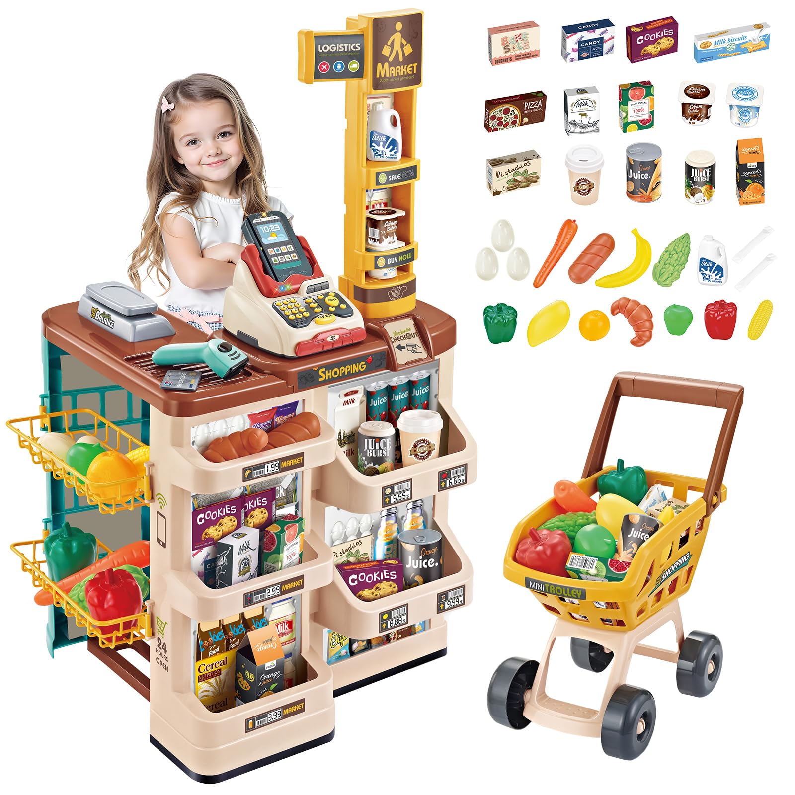 deAO Kids Supermarket Set Role Play Superstore Shop Toys Children Supermarket with Light, Sound, Working Scanner, Shopping Cart and Accessories Included