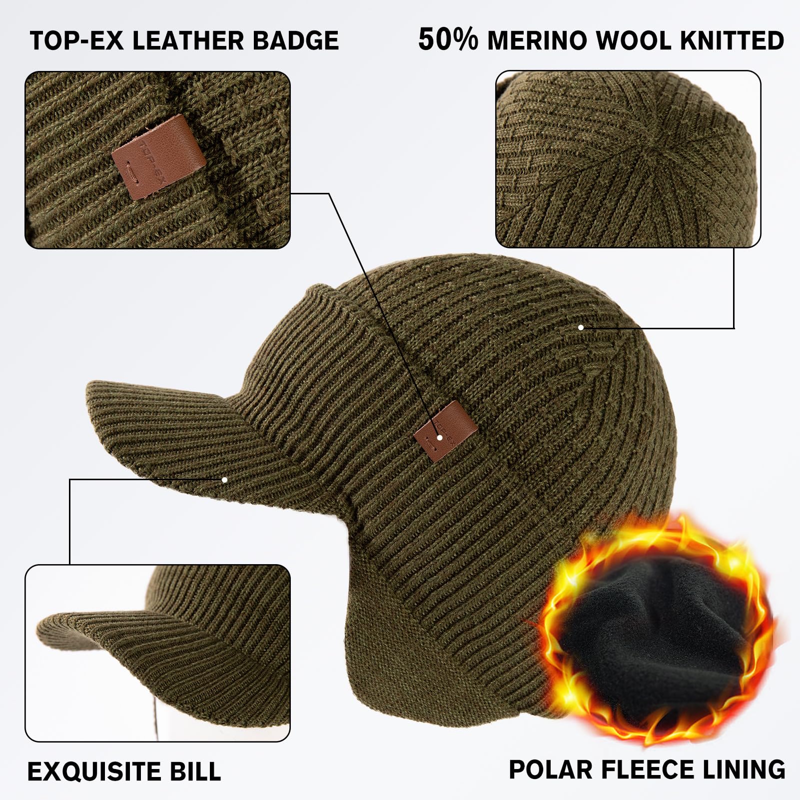 TOP-EX M/L/XL/XXL Unisex 50% Merinowolle Winter Schirmmütze wasserdichte Beanie mit Schirm, Warm Gefütterte Strickmütze für Laufsport, Winddicht