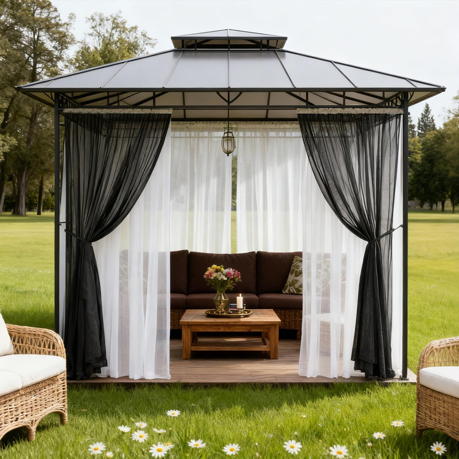 Lapalife Outdoor Privacy Curtain 52 x 84 L - Single Panel Dual-Layer Waterproof Blackout & Mosquito Netting Sheer, All-Weather Gazebo Drape with Rod Pocket & 1 Tieback for Patio/Porch/Garden