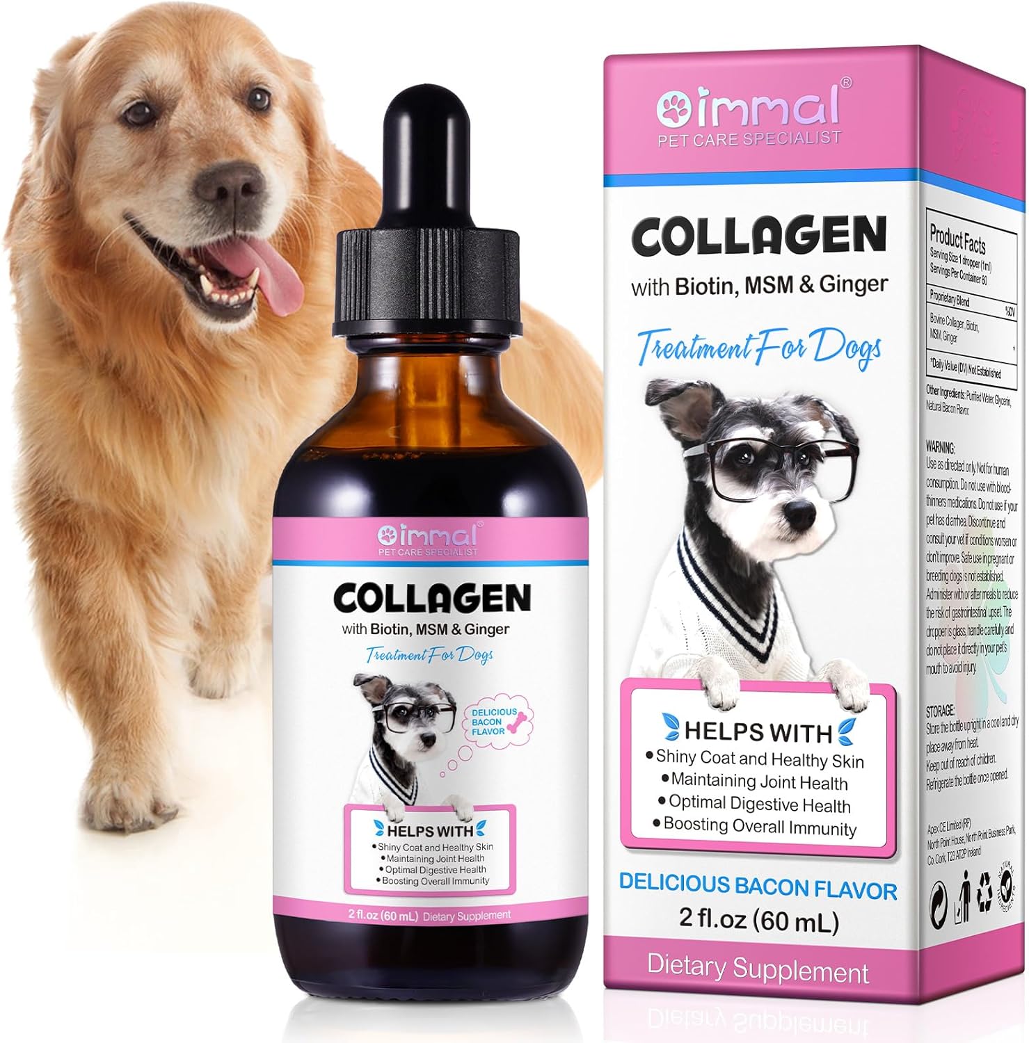 Liquid Collagen for Dog Joint Supplements, Dog Collagen Drops for Joint Health, Help Aid Hip Care, Bacon Flavor -2Fl Oz