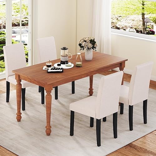 Miniatura 2 de COSTWAY Juego de 4 sillas de comedor, sillas laterales de cocina tapizadas de tela sin brazos con patas de madera de goma, asiento acolchado y