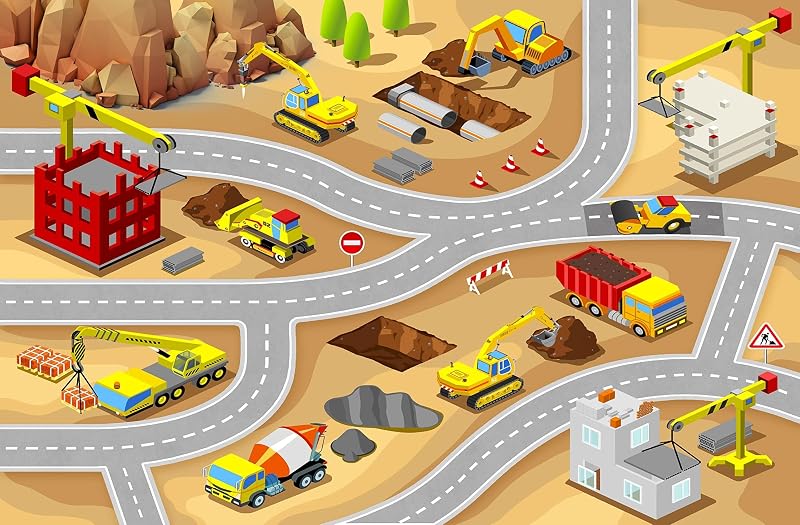 Kids Construction Rug, 3'3" x 4'11" | Non-Slip Washable Construction Rug, OEKO-TEX Certified, Gift for Kids, Playroom Classroom