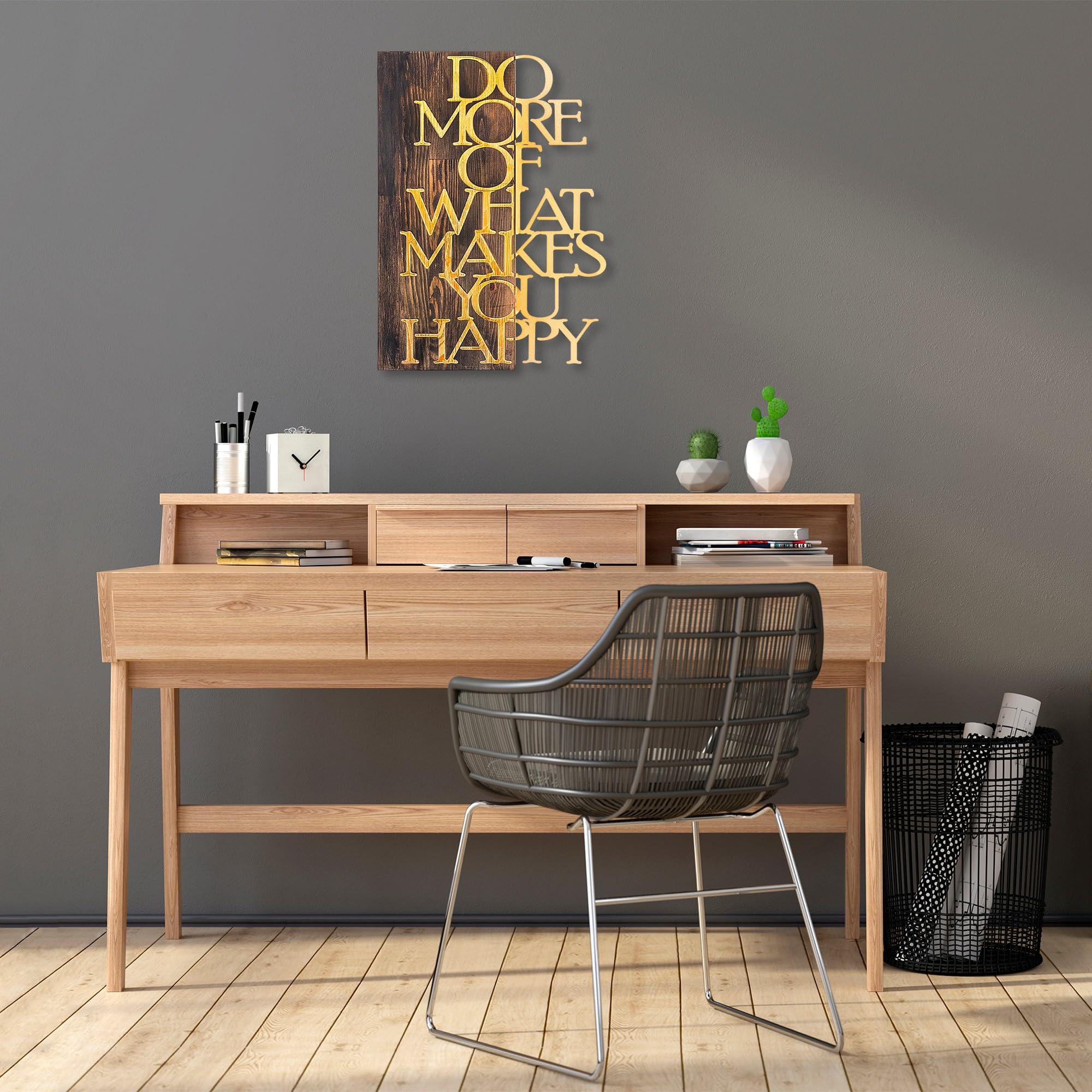 Elegant Decorative Wooden Wall Accessory, 42 x 58 cm, Walnut & Gold, 50% Wood (3 cm) & 50% Metal (1.5 mm), Wall Mountable, Unique Design