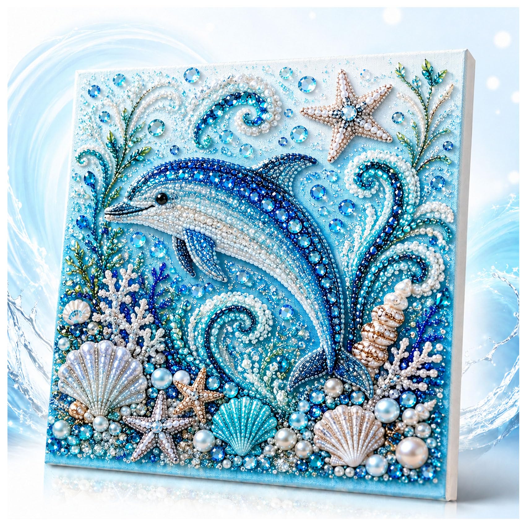 Jeeeun Ocean Theme Pearl Art DIY Kit, Pearl Art Kits for Adults and Beginners with 3D Resin Pearls and Rhinestones, Coastal Wall Decor (Dolphin)