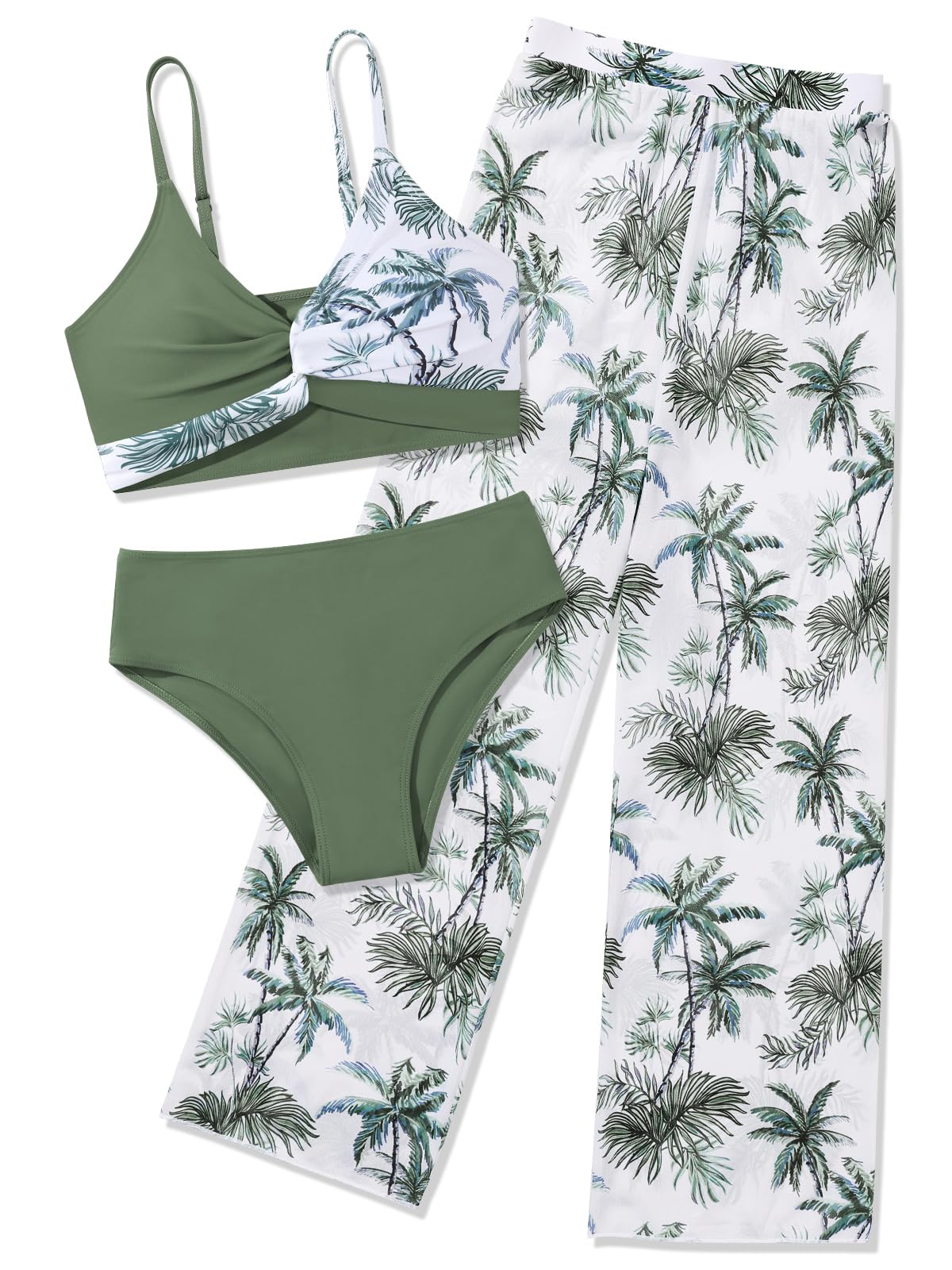 ESHOO Girls Swimsuit 3 Piece Bikini Bathing Suit Criss Cross Tropical Floral Swimwear Quick Dry Cover Up Pants 9-16Y