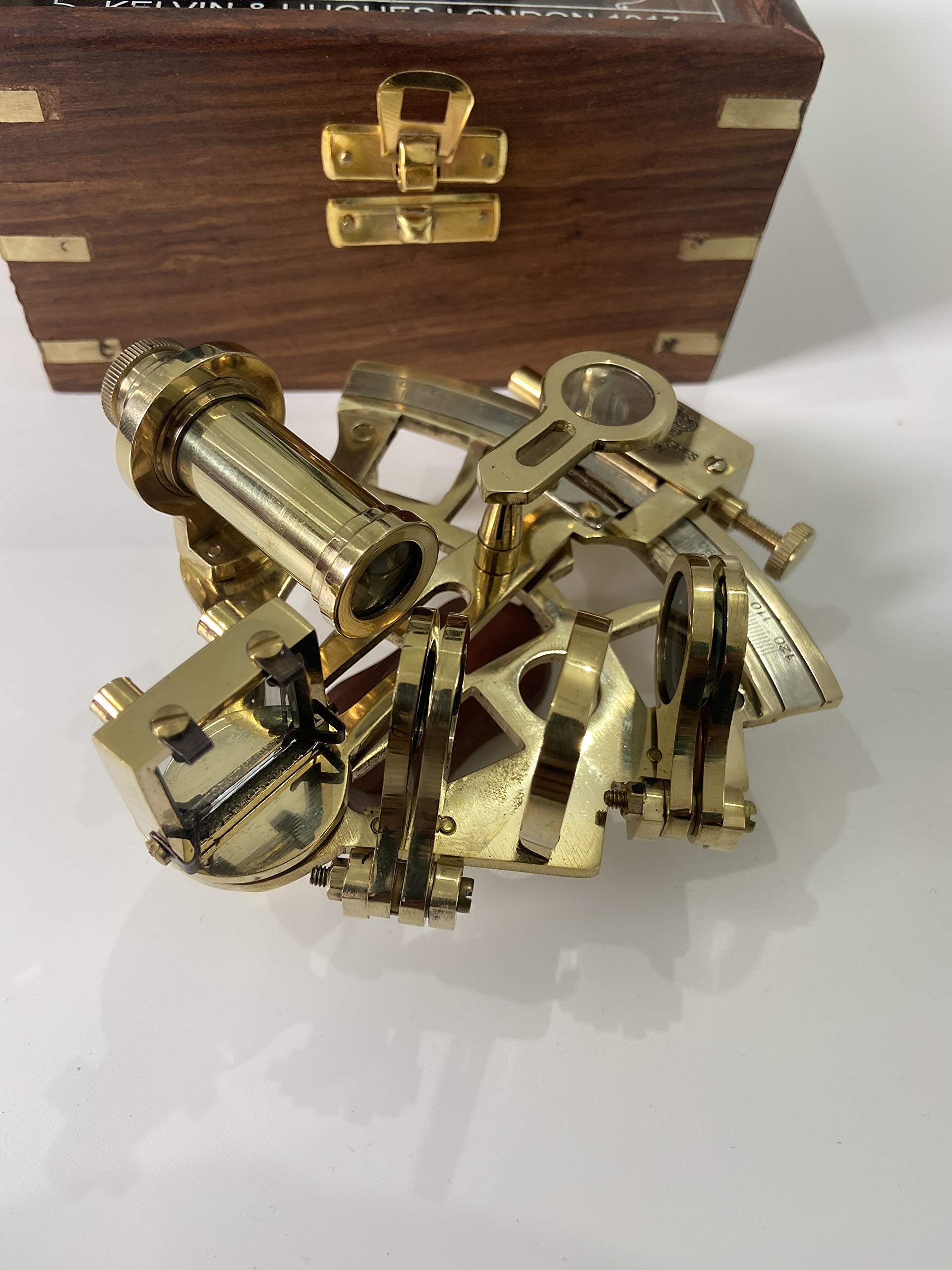 Malla - Sestante da lavoro in ottone realizzato a mano, 12,7 cm, con scatola in legno inciso, sestante di navigazione