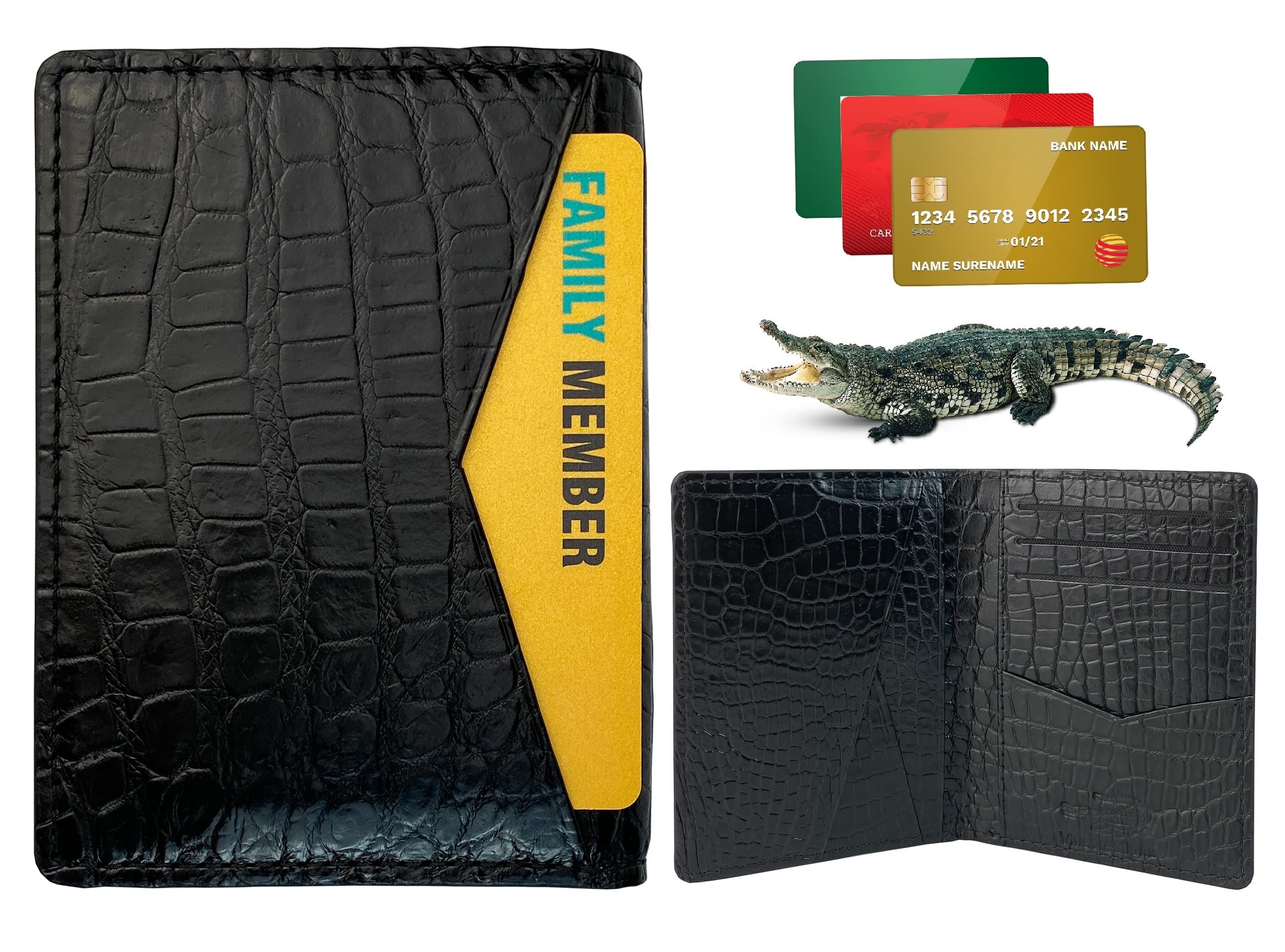 Black Alligator Credit Card Holder Minimalist Bifold Wallet Crocodile Double Side Exotic Leather Slim Executive Business Luxury RFID Blocking Travel
