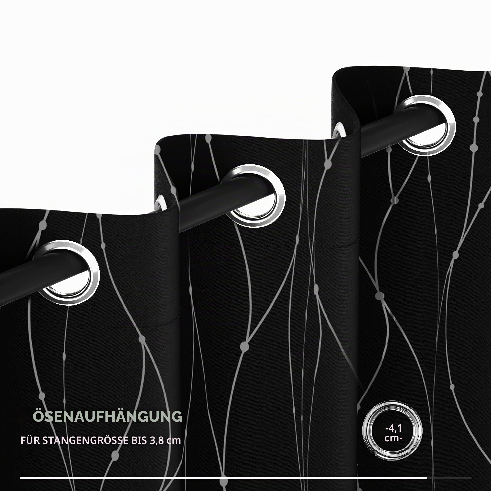 Deconovo Verdunkelungsgardinen mit Ösen Dicke Thermogardine Kälteschutz warm Hitzeschutz, Moderne Vorhänge, Wohnzimmer Gardinen mit Muster, 260x140 cm(HöhexBreite), Schwarz, 2er Set