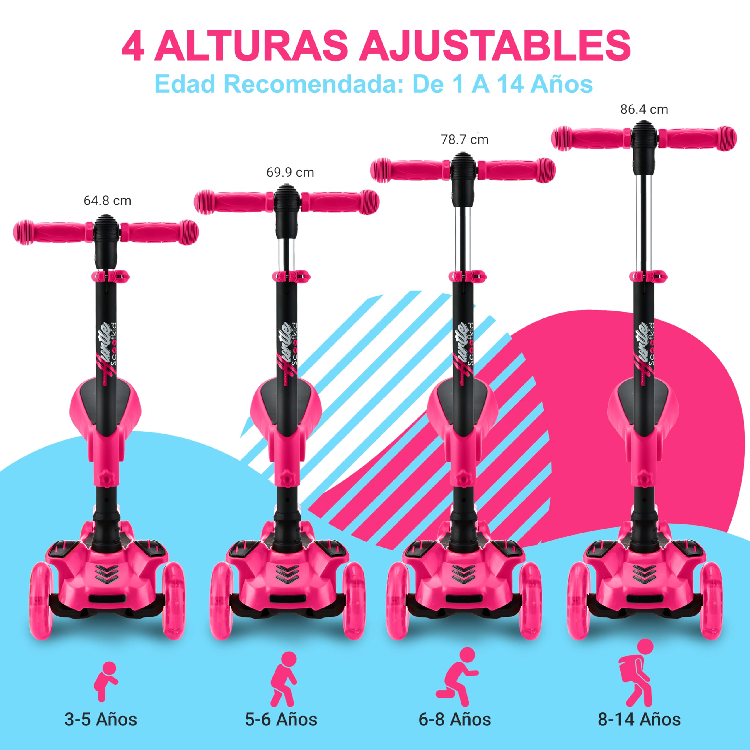 Hurtle Patinete, Scooter para niños, 2 años en adelante, Asiento abatible, Altura Ajustable, Monopatin 2 en 1, Luces Intermitentes