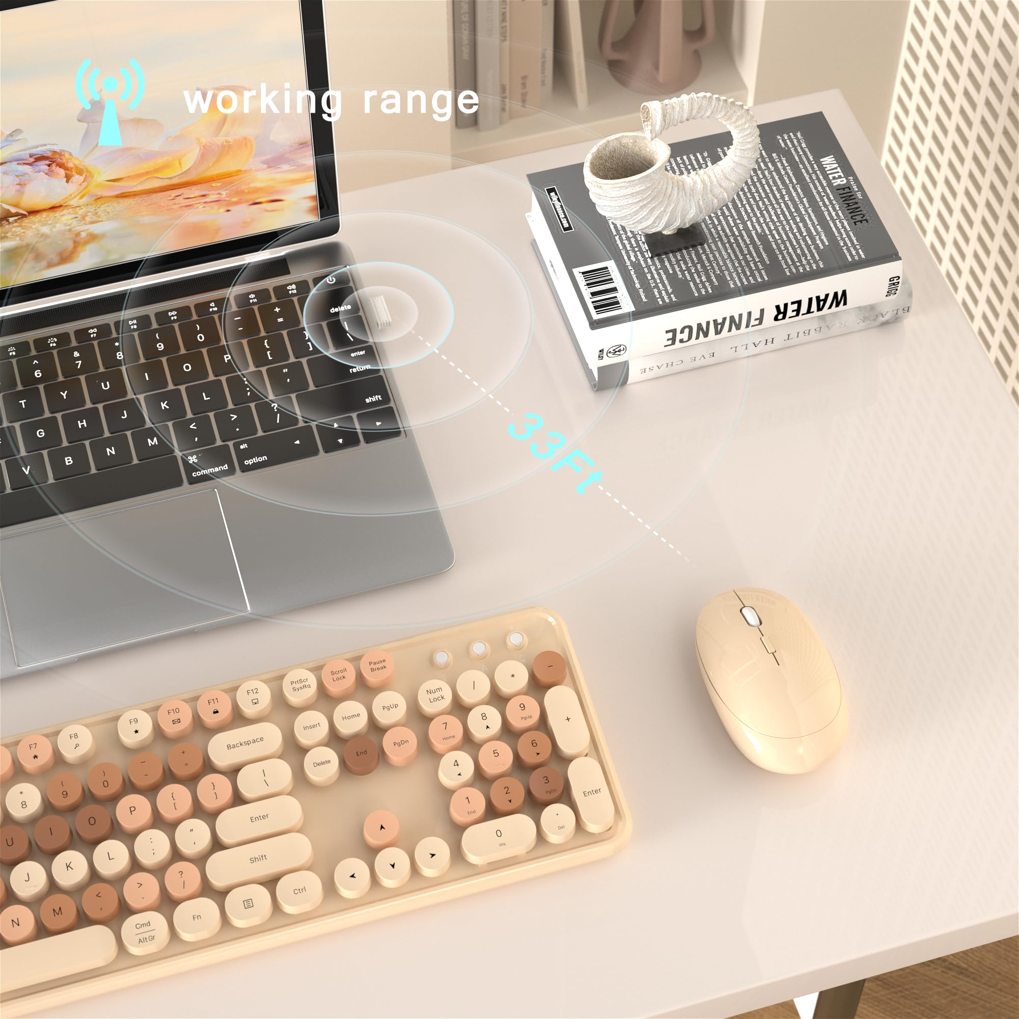 MPTOG Combo de teclado y mouse inalámbricos coloridos para computadora con teclas redondas de máquina de escribir, diseño retro, interruptor de encendido, diseño ergonómico, inalámbrico de 2.4 GHz
