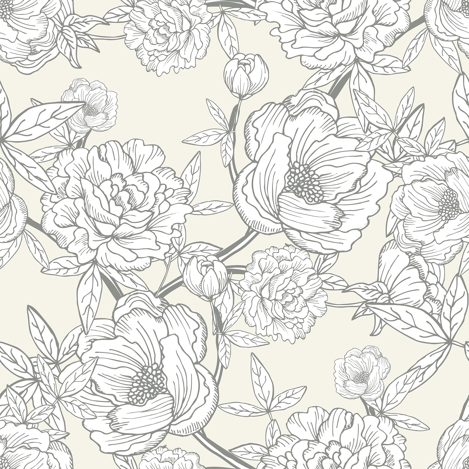 VEELIKE Tapete Blumen Beige Skizzen Blumentapete Vintage Fototapete Blumen Pfingstrosen Mustertapete 44.5 cm x 300 cm Selbstklebende Tapete Schlafzimmer Kinderzimmer Flur Wand Dekoration Abnehmbar