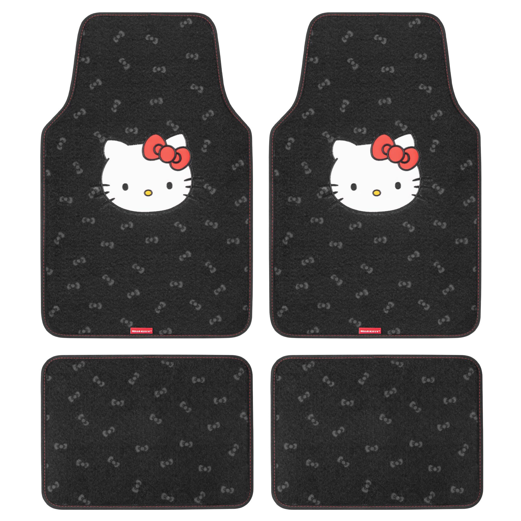 Hello Kitty Carpet Car Floor Mats - Universal Fit for Cars, SUVs & Trucks - Black with Red Bow & Hello Kitty Print - Front & Rear Set, 4 Piece Car Accessories