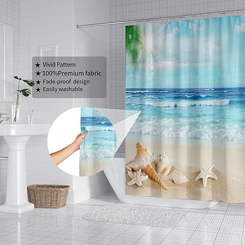 Miniatura 5 de Domoku Cortina de ducha de playa para baño, cortina de ducha 3D de tela con diseño de conchas marinas costeras, con 12 ganchos, impermeable,