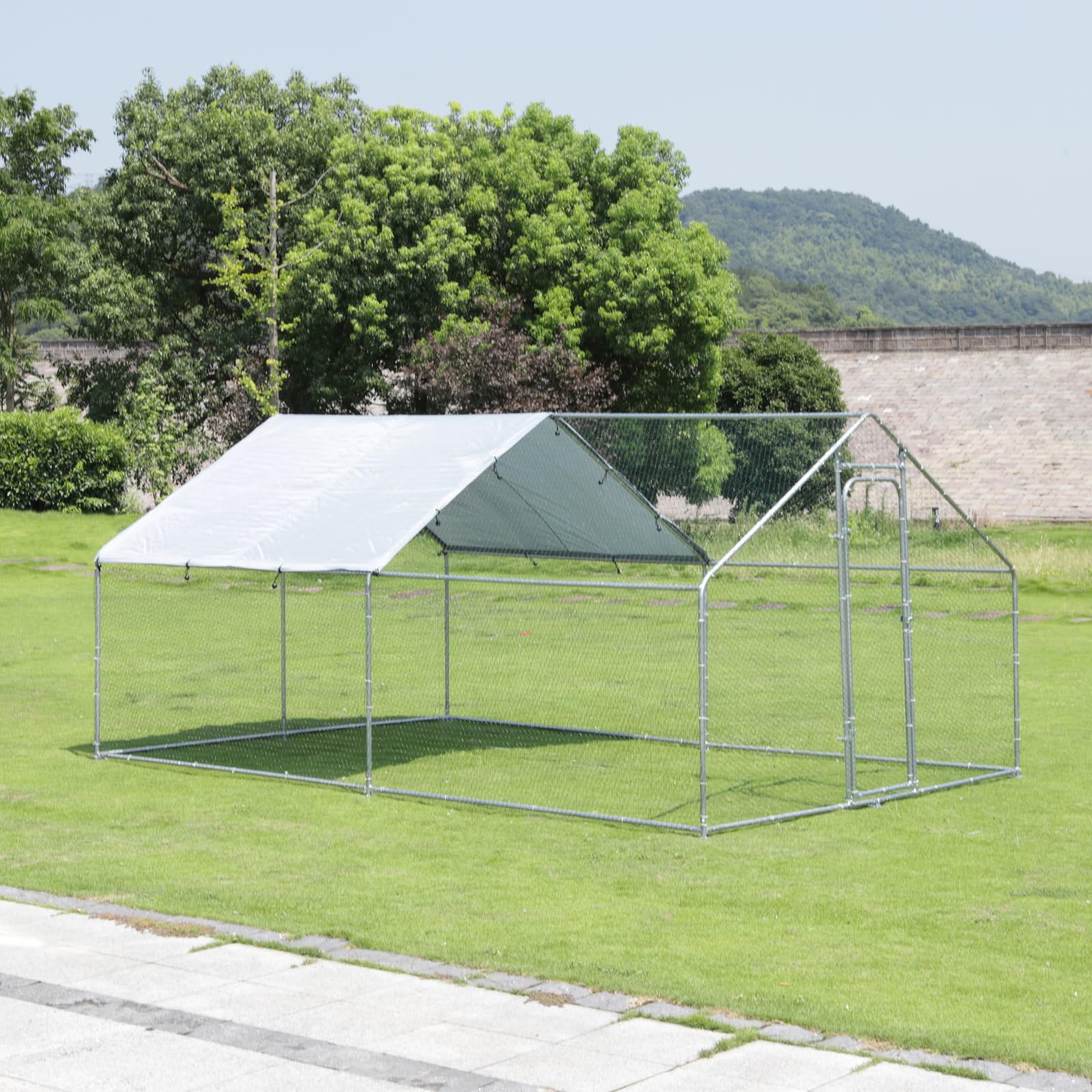 Large Chicken Run Metal Chicken Coop, Outdoor Dog Kennel with Roof Waterproof Anti-UV Cover Secure Lock for Outside Backyard Farm(13.1' L x 9.8' W x