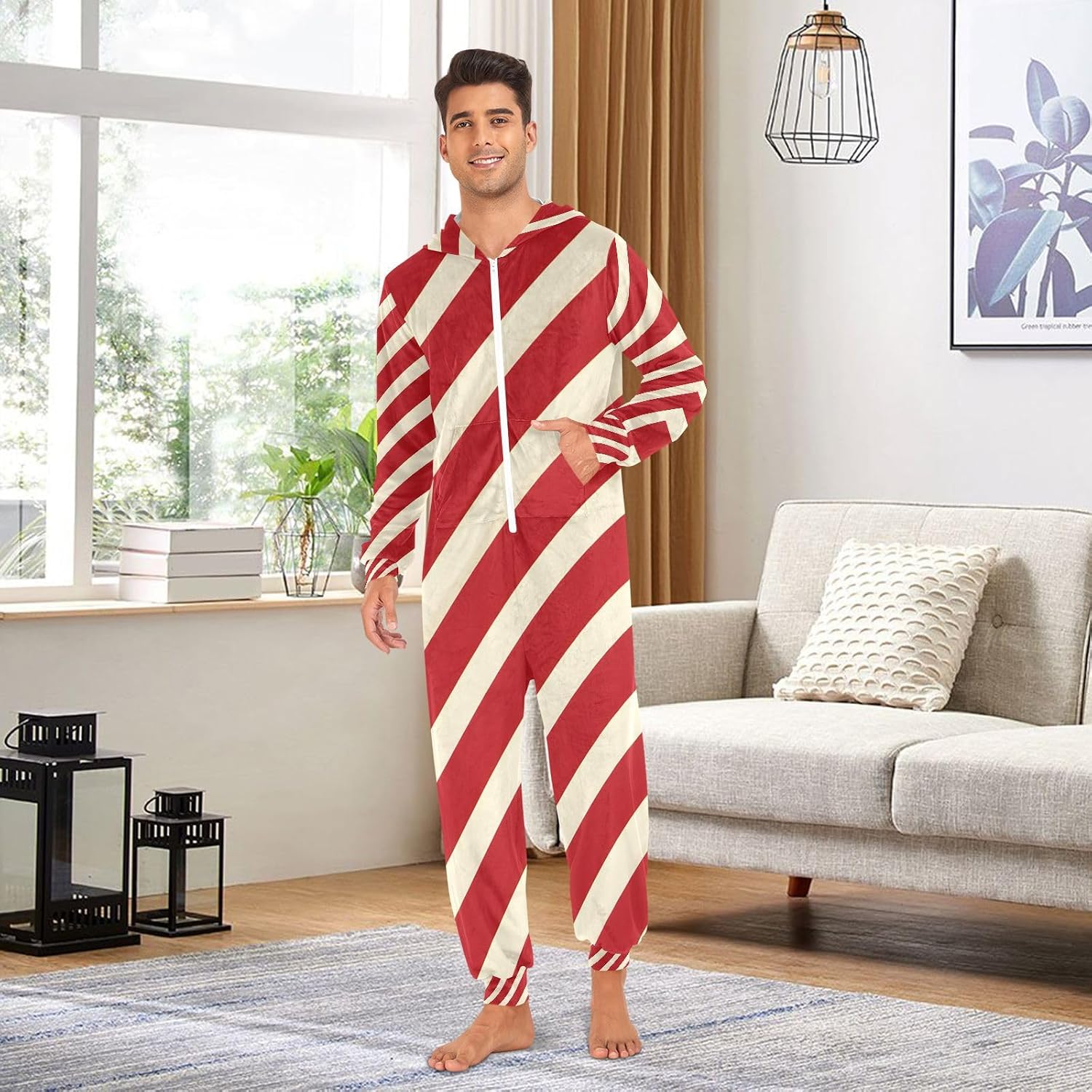 Christmas Red Stripes Adult Onesie Pajamas for Unisex Novelty One Piece Costume Sleepwear
