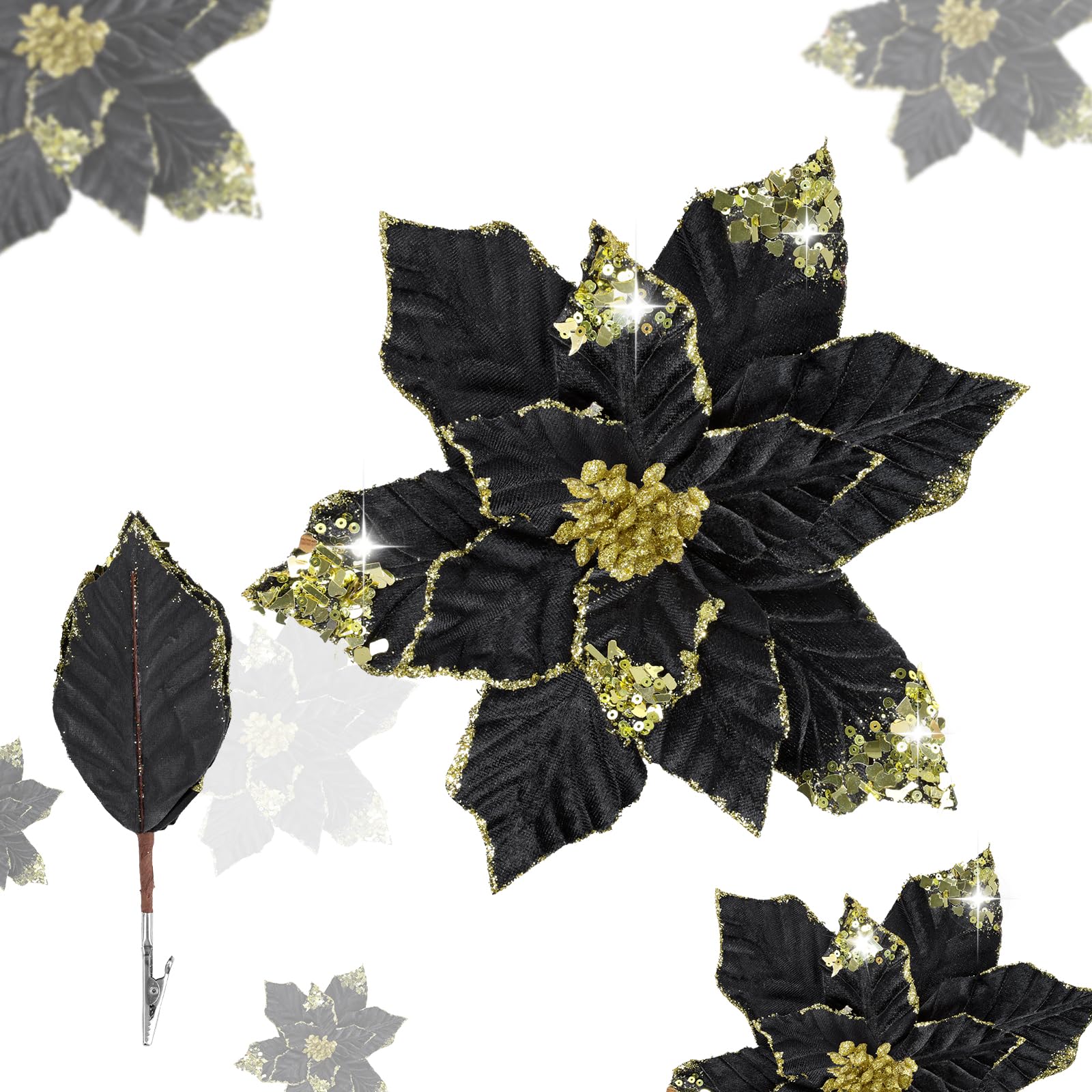 U'Artlines Lot de 12 grandes fleurs de poinsettia artificielles avec clips - 22,9 cm - Noir pailleté - Décorations de Noël pour sapin de Noël, Nouvel An, vacances, fête de mariage