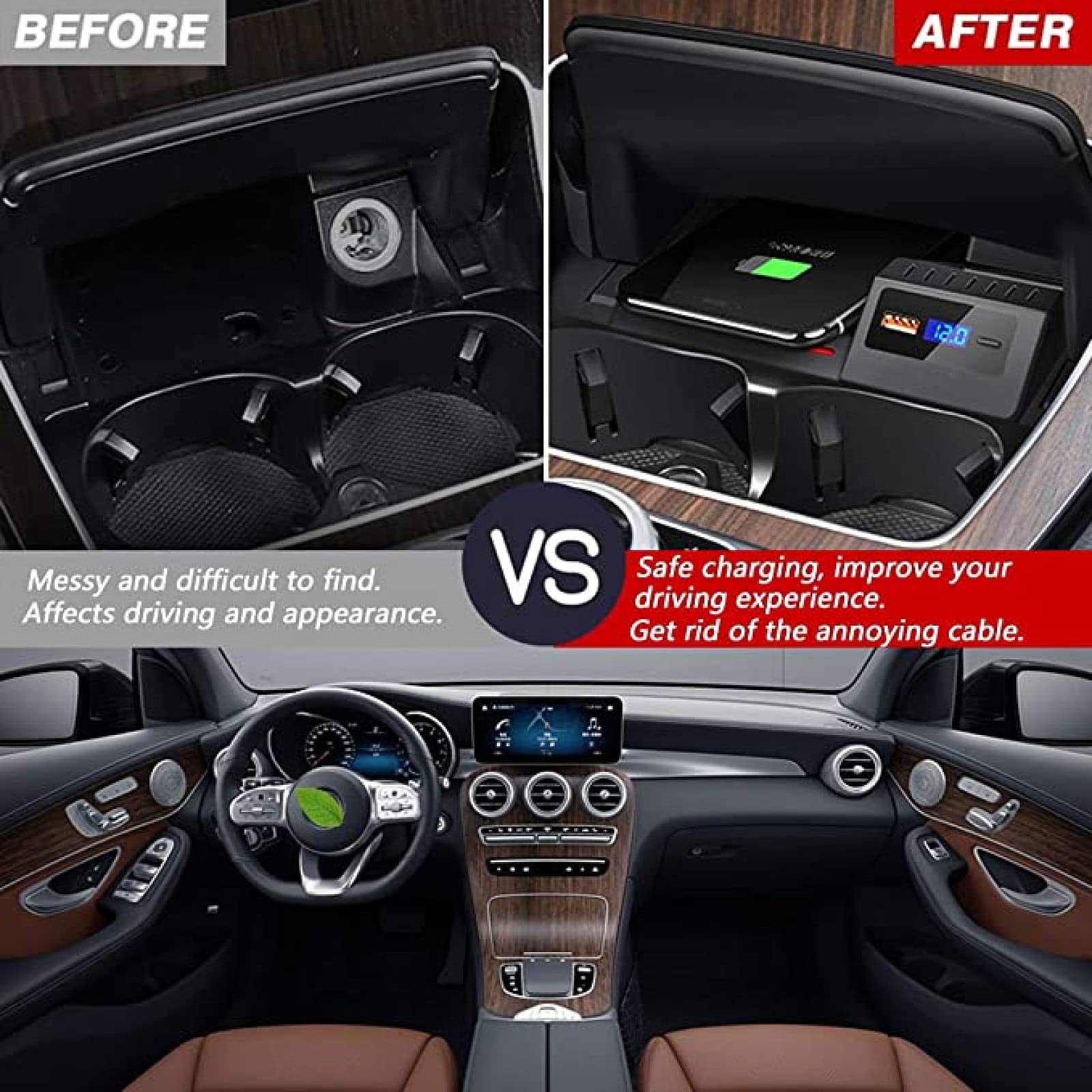 Cargador de Coche inalámbrico para Clase C GLC 2016 2017 2018 2019 2020 2021 con USB QC3.0 y Puerto PD de 18 W, Plataforma de Carga inalámbrica rápida para teléfono móvil de 15 W (conexión de p