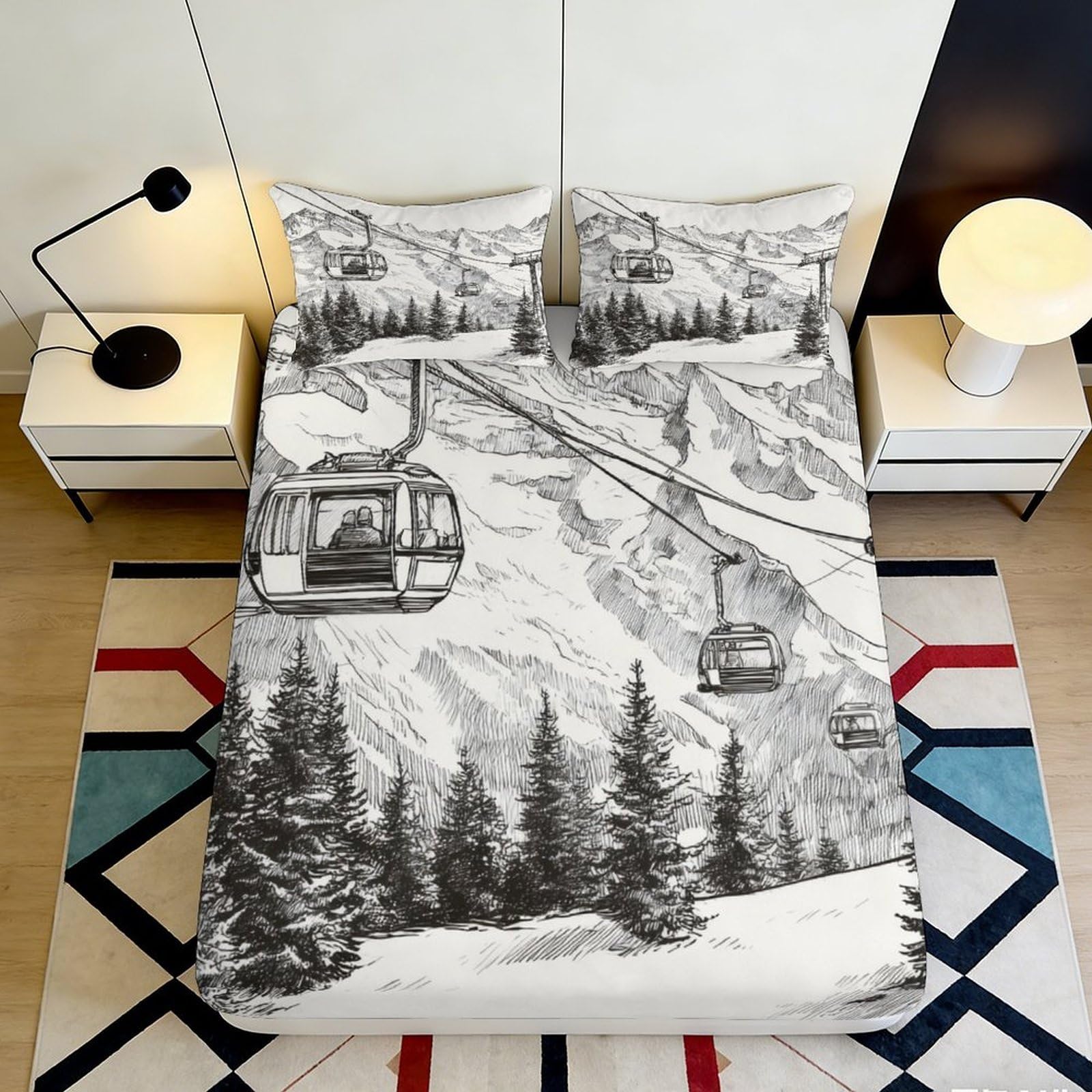3D Printed Ski Lift Mountain Fitted Sheet Microfiber Soft Breathable Snow Forest Bed Cover Bedroom Guestroom Mattress Decor 90x200x25cm