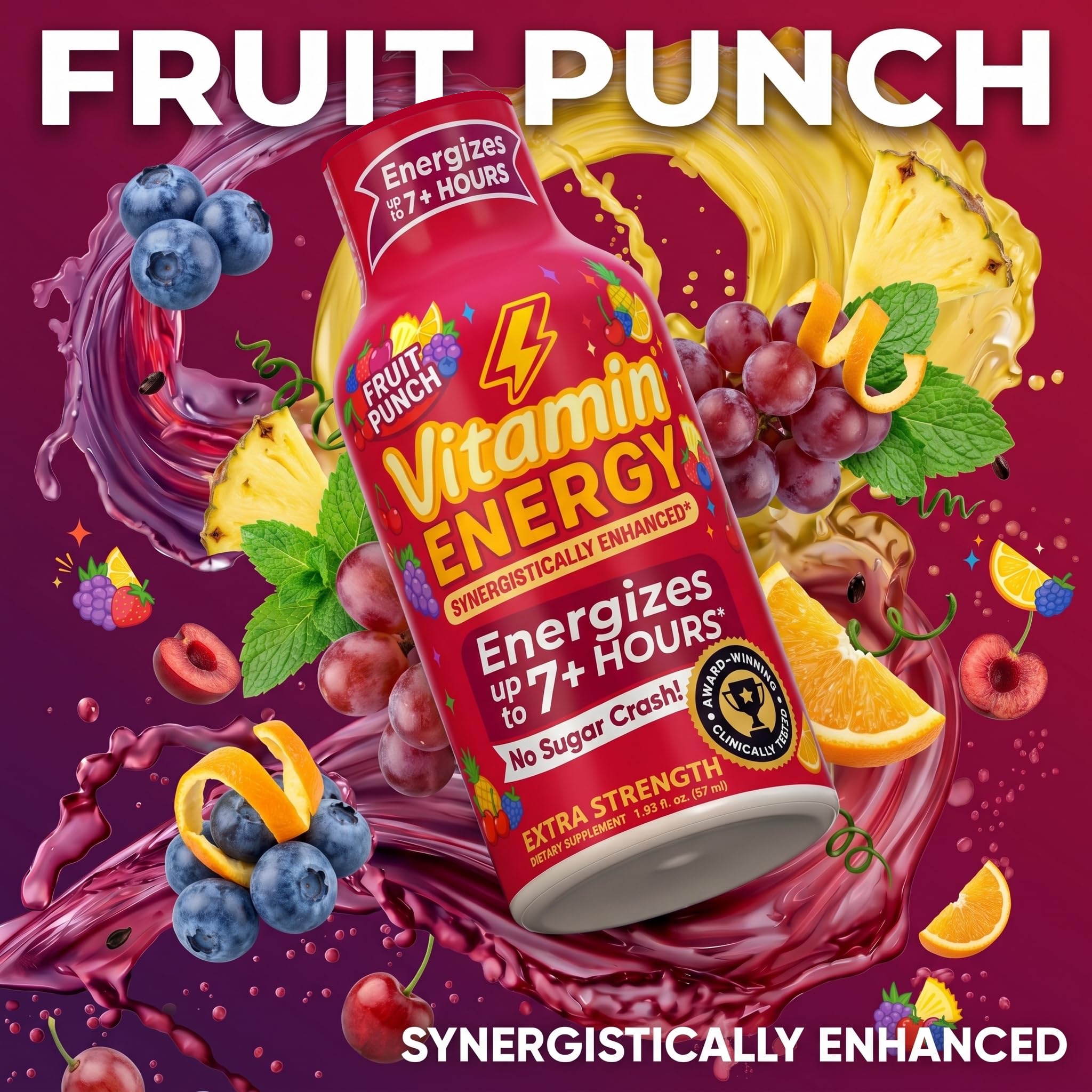 Vitamin Energy Fruit Punch Extra Strength Energy Shot, 12 Pack - Up to 7 Hrs, 260mg Natural Caffeine, Zero Sugar - Green Tea Extract, Immune Support, B12 B6 Niacin, 1.93 fl oz, Keto Vegan — Amazon image 3