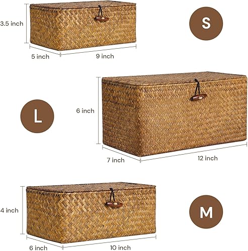 Miniatura 2 de Cesta de almacenamiento decorativa con tapa, juego de 3, contenedores de almacenamiento de hierba marina tejida para estantes para organizar, cestas