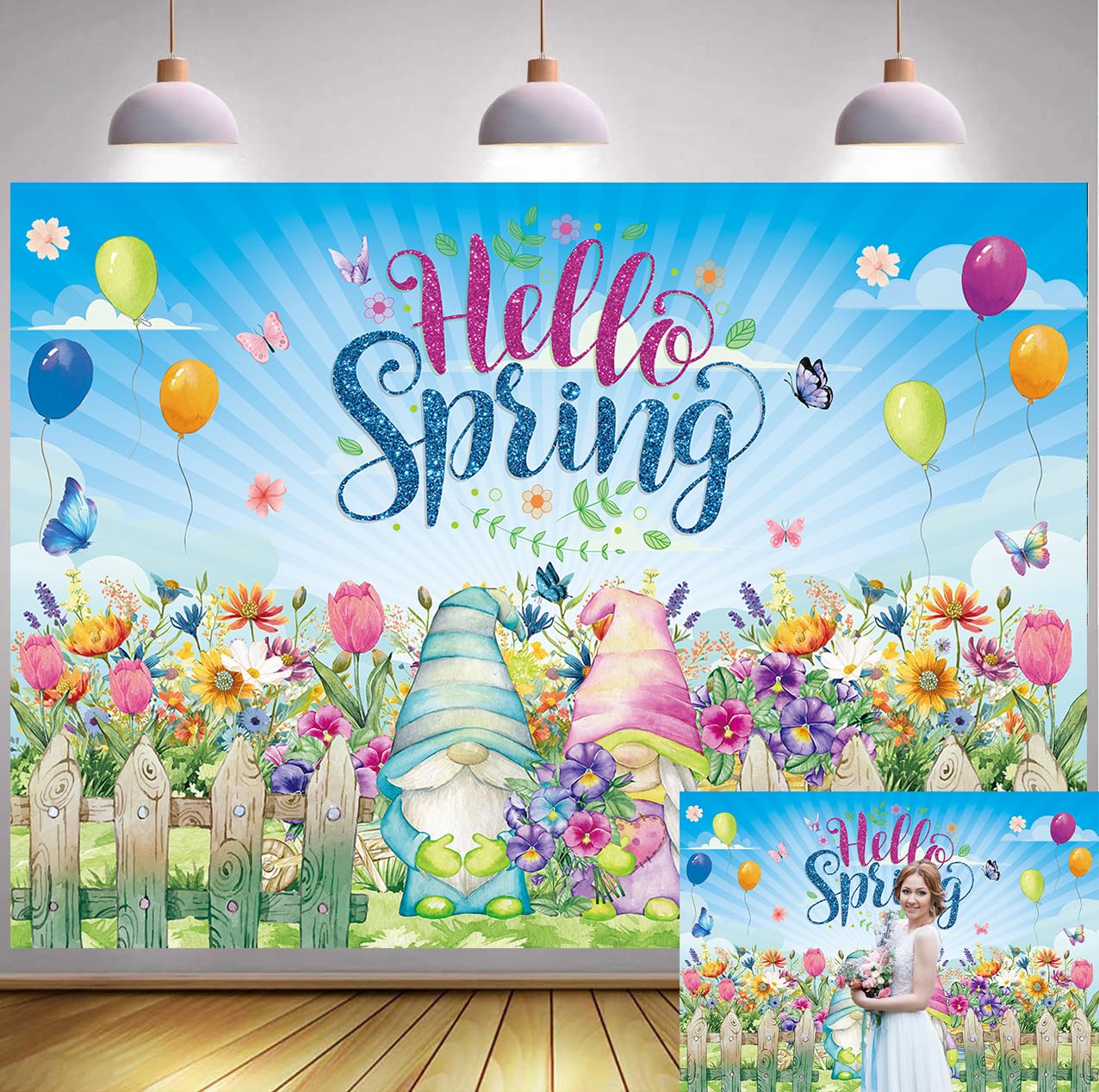 Hello Spring Backdrop 6x4FT Spring Gnome Tulips Daisy Flowers Photography Background Easter Party Decorations for Holiday Photo Prop Booth Indoor