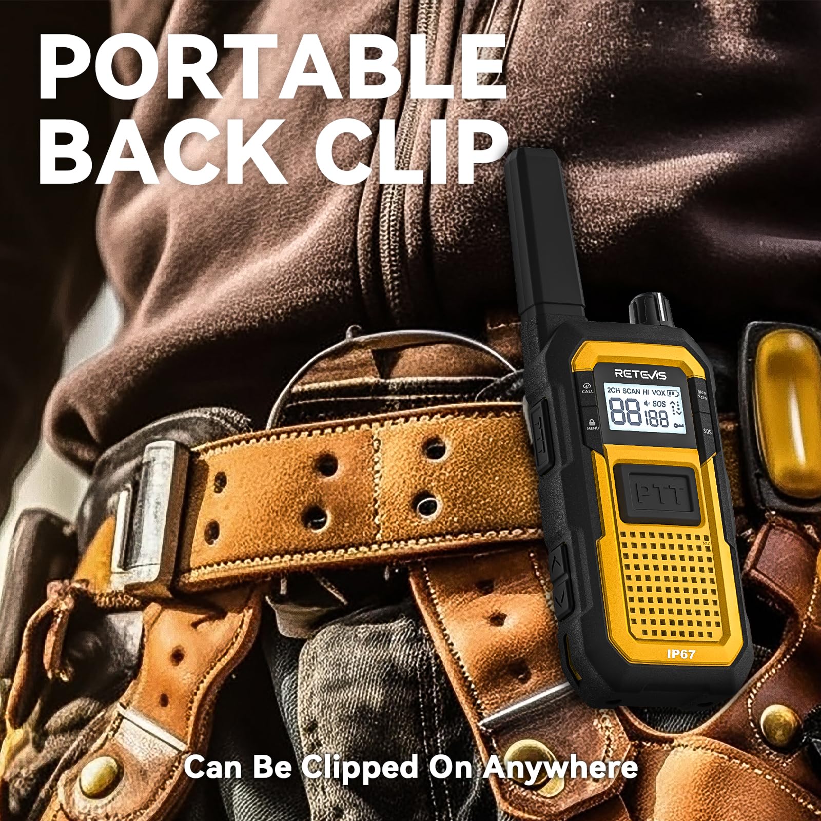 Retevis RB648 Walkie Talkies for Adults, Heavy Duty 2 Way Radio with 6 Way Charger, IP67 Waterproof, Shock Resistant, 2000mAh, Rugged Walkie Talkie for Jobsites Industrials (6Pcs, Yellow) — view 7