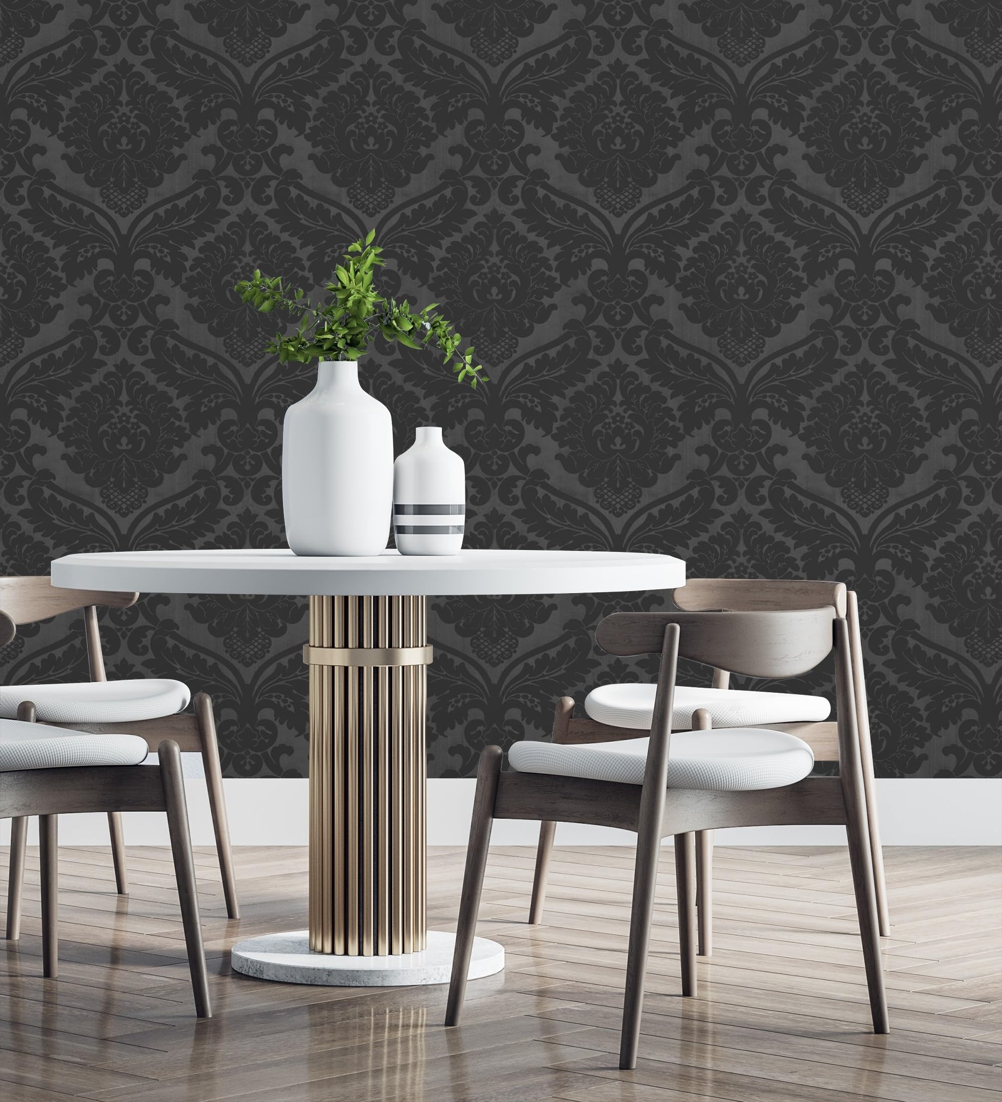 GAULAN 421504 - Papel pintado vinílico lavable de damasco victoriano color negro fondo satinado para pared salón cocina baño dormitorio mueble - Rollo de 10 m x 0,53 m